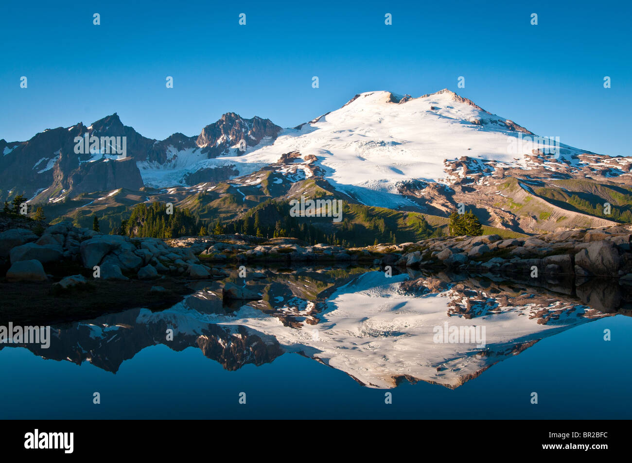 Mount Baker e riflessione di Tarn; parco Butte Trail, Mount Baker-Snoqualmie Foresta Nazionale, Washington. Foto Stock