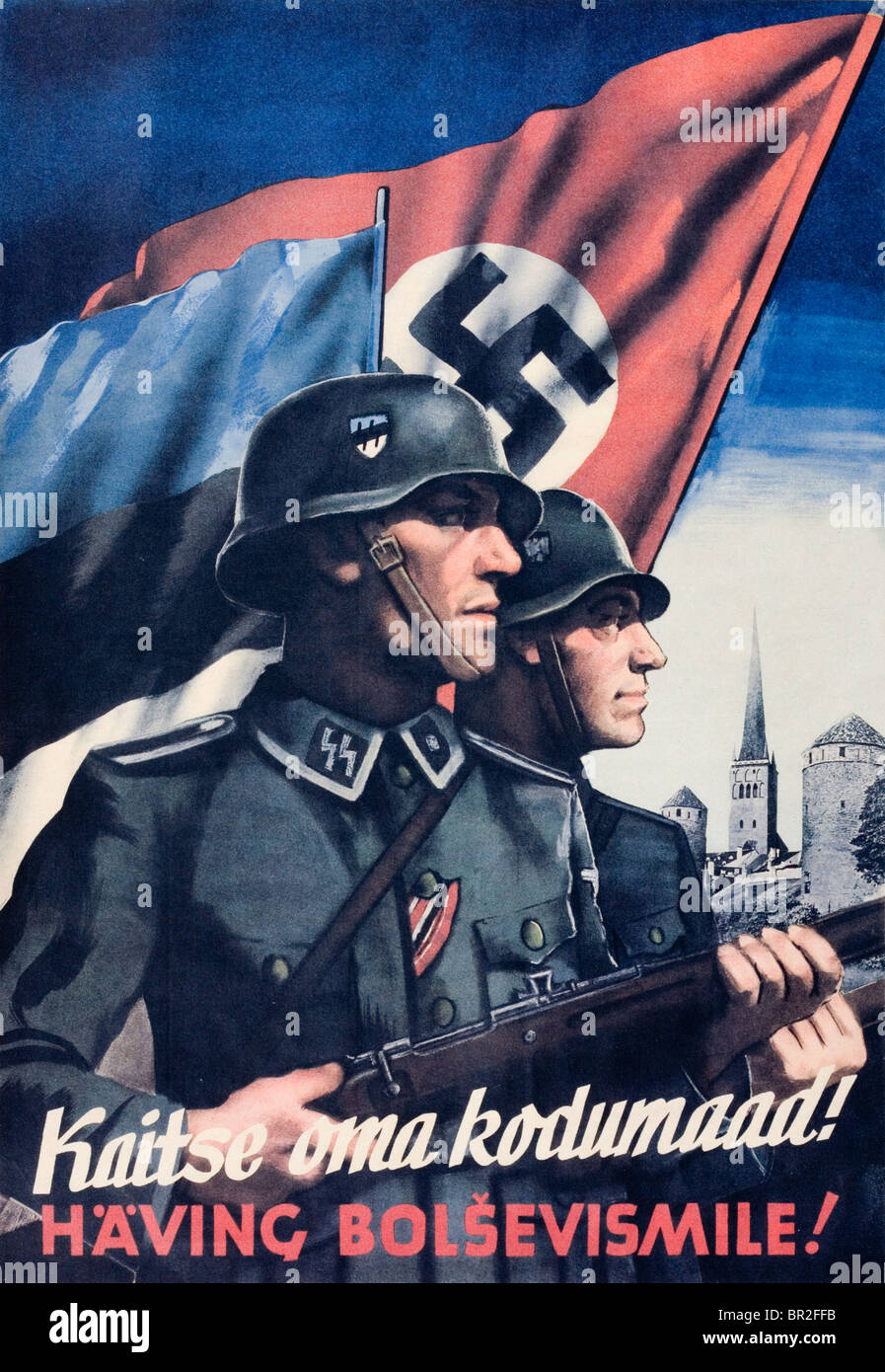 Estone di II Guerra mondiale propaganda nazista che mostra una città estoni in background con il tedesco e l'estone SS soldati davanti. Foto Stock