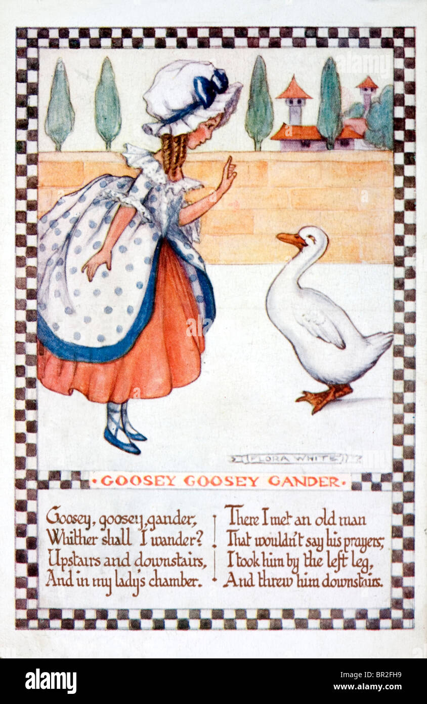 Flora White filastrocca card da circa 1920. "Goosey Goosey Gander' Foto Stock