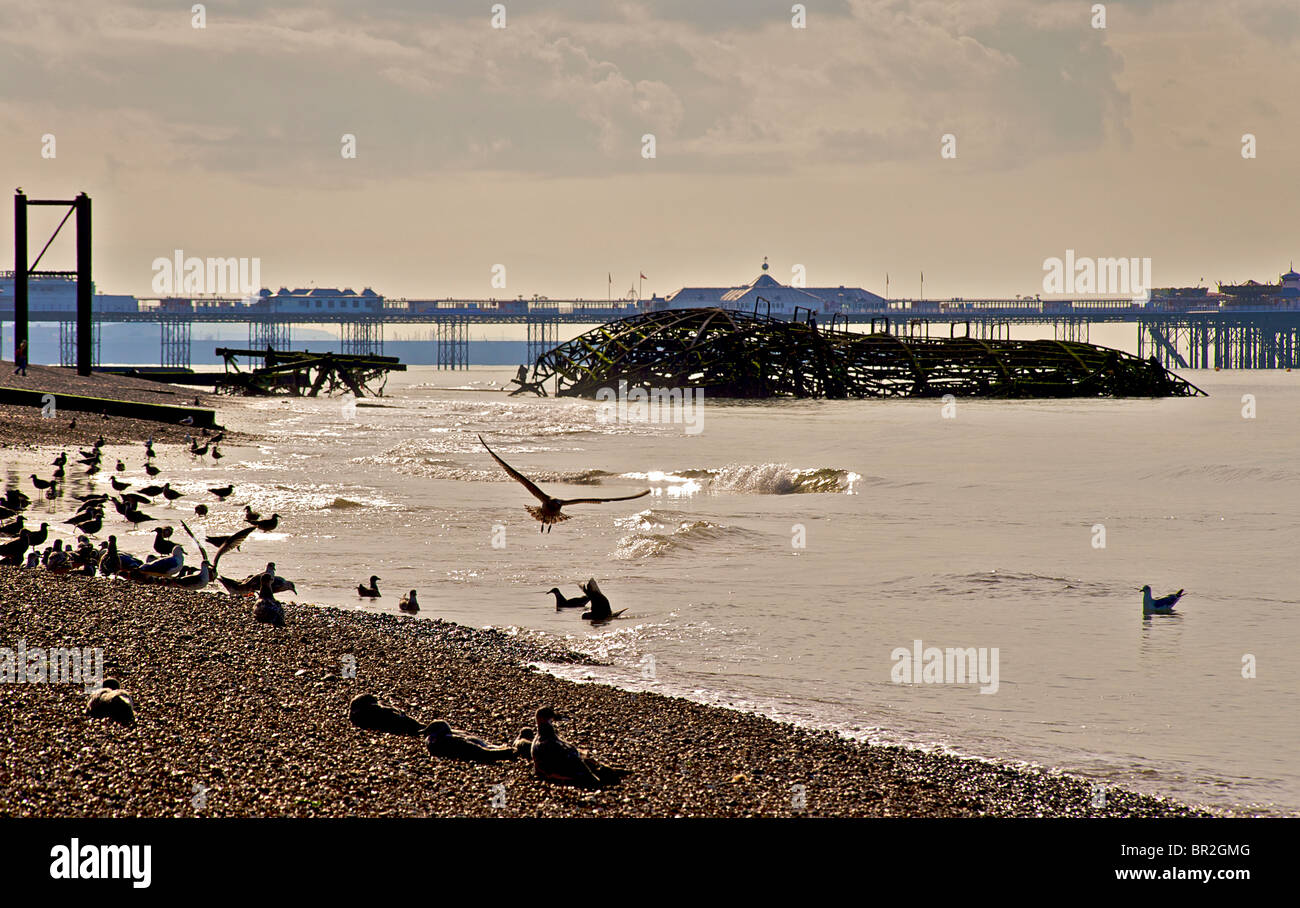 Il fatiscente Molo Ovest, Brighton East Sussex, Inghilterra Foto Stock