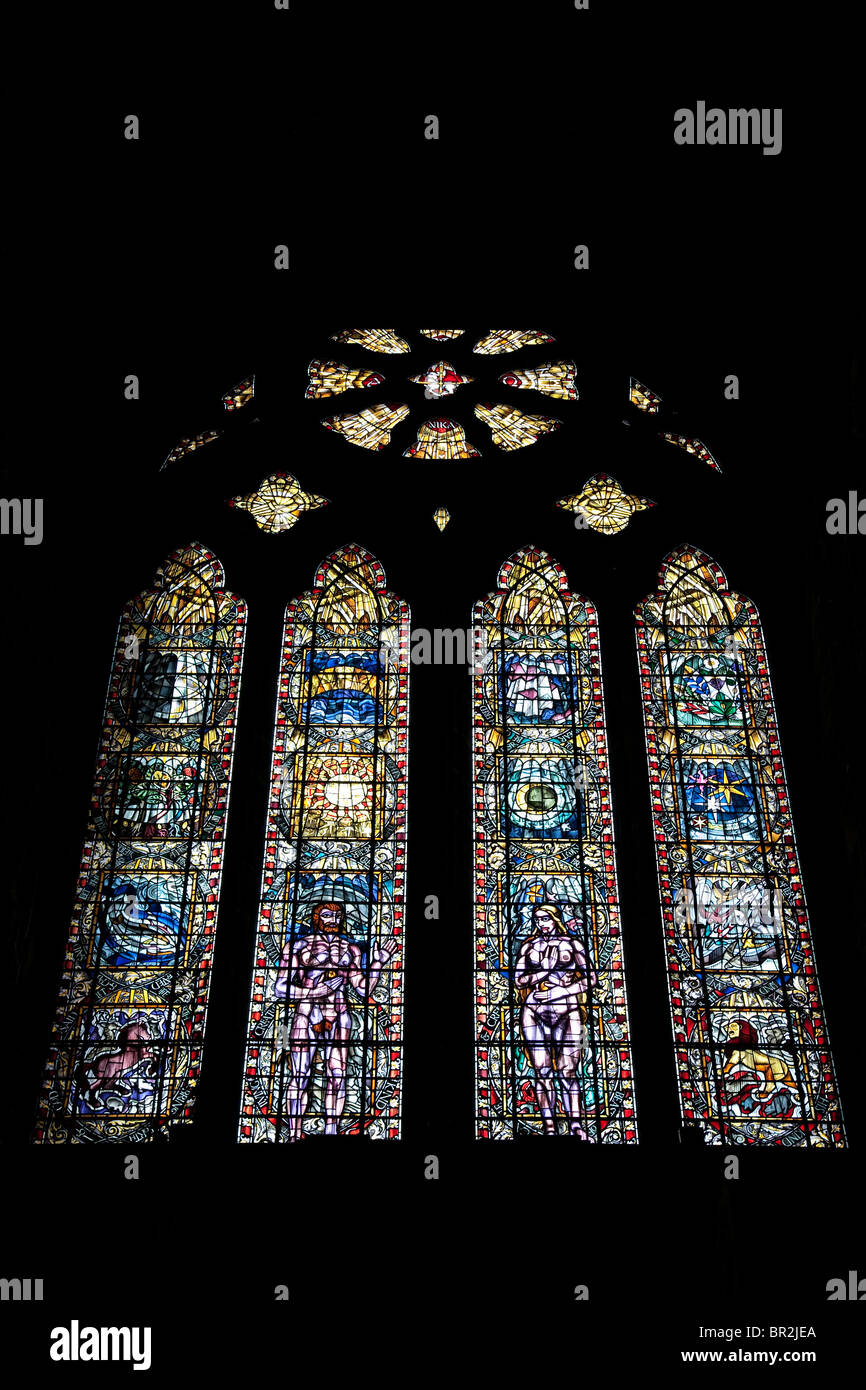 La creazione da parte di Francesco lancia Vetrata nella cattedrale di Glasgow, Scozia Foto Stock