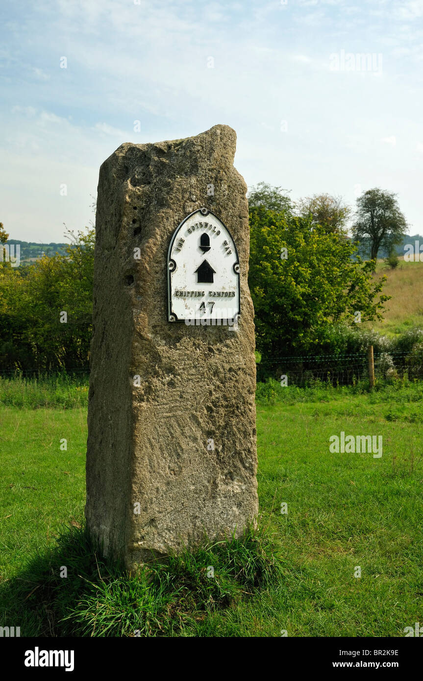 Chilometraggio post su Cotswold Modo lunga distanza sentiero. Nr Painswick, Gloucestershire Foto Stock