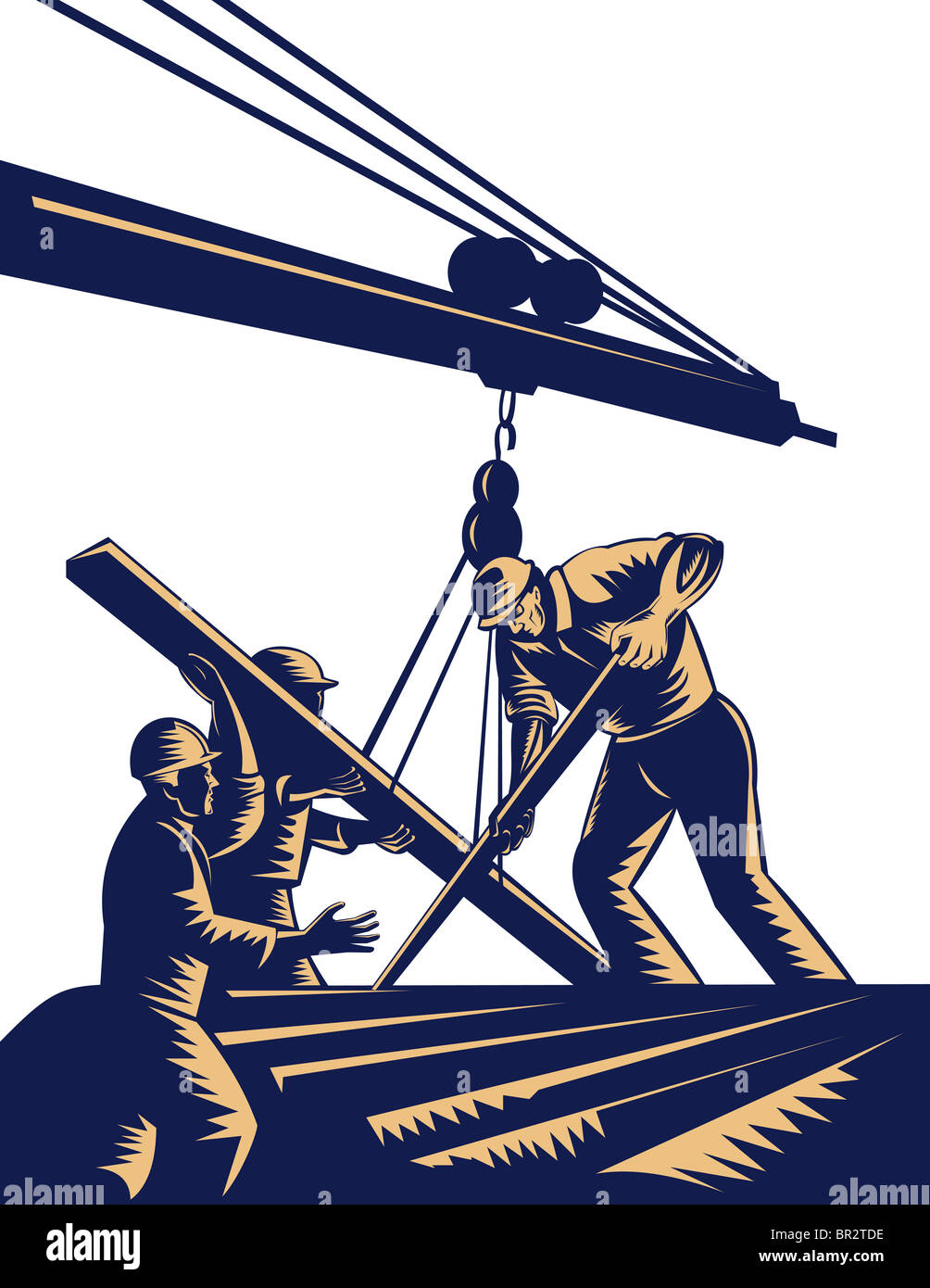 Illustrazione di un gruppo di lavoratori edili legname di sollevamento sul braccio fatto in xilografia stile. Foto Stock