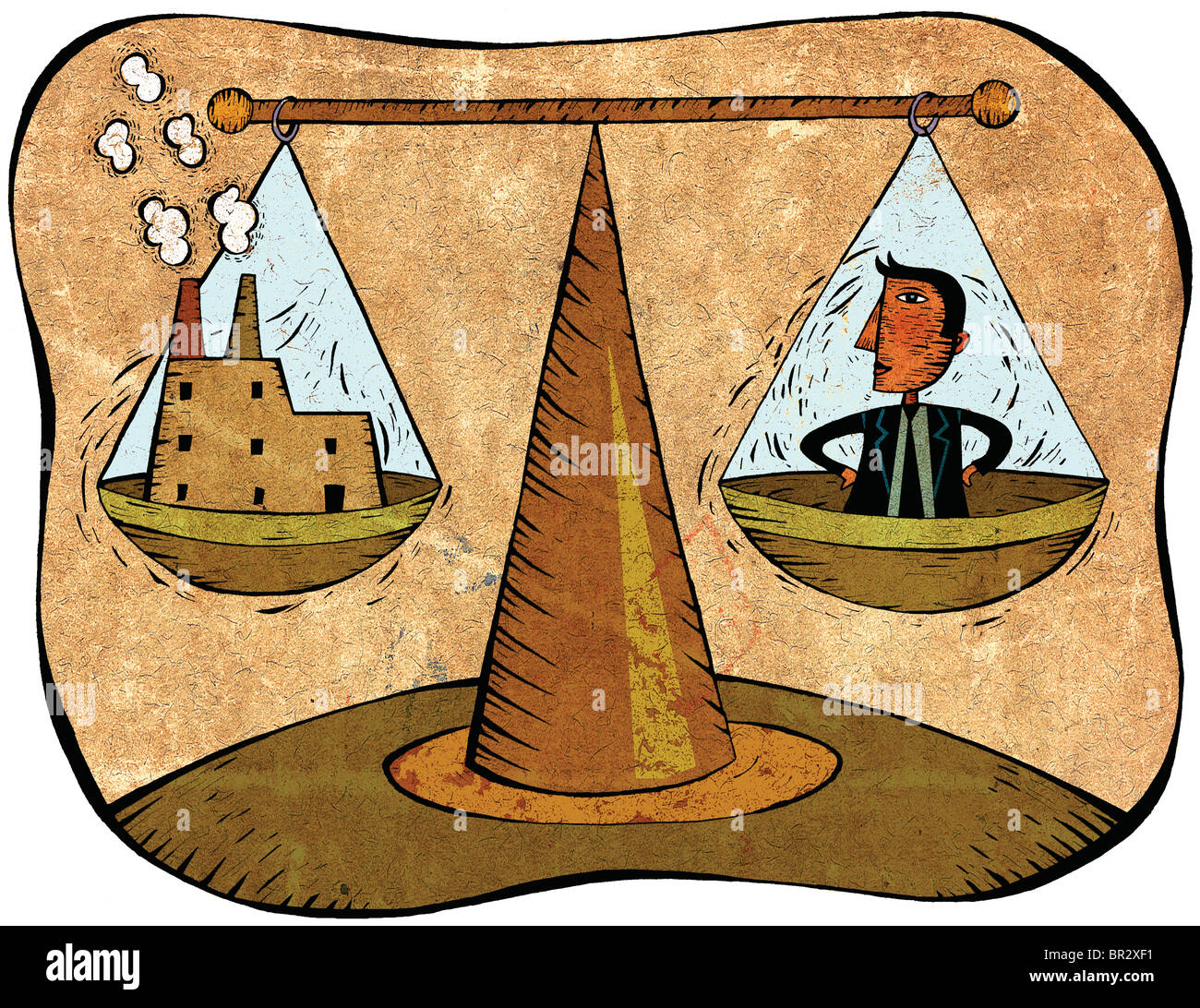 Bilancia con un imprenditore su un lato e un edificio in fabbrica sugli altri Foto Stock