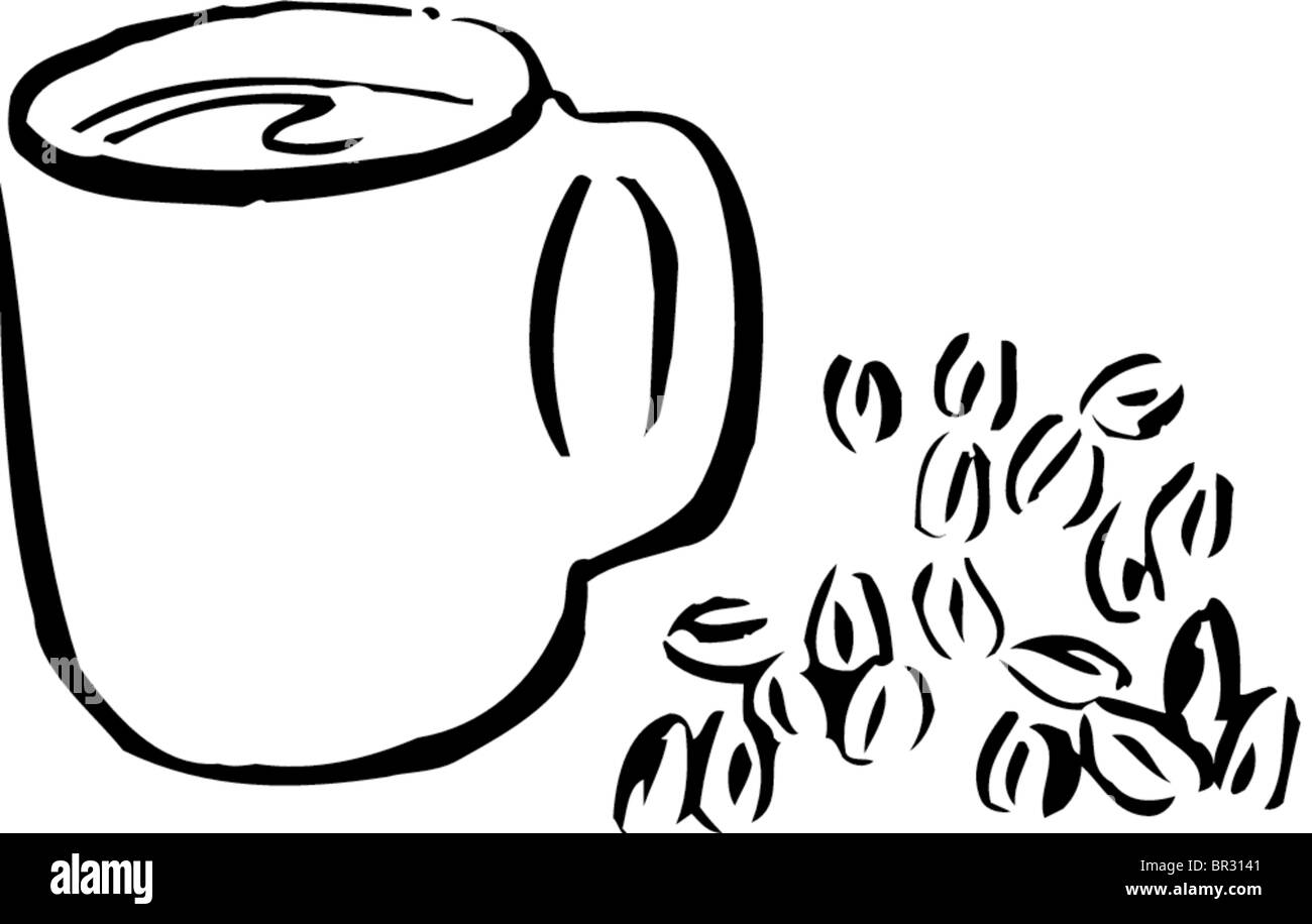 Un bianco e nero il disegno di una tazza di caffè e caffè in grani Foto  stock - Alamy