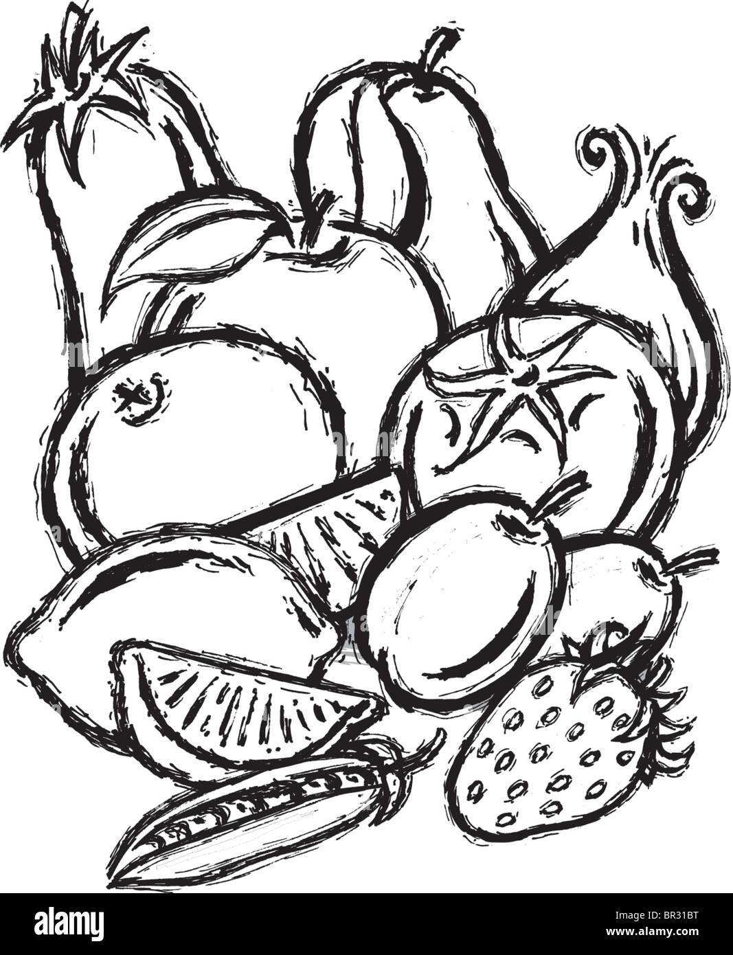 Un bianco e nero illustrazione di frutta e verdura medley Foto stock - Alamy
