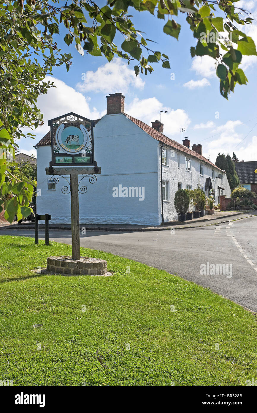 Il villaggio verde a tubo flessibile nel Leicestershire. Il segno commemora il millenium. Foto Stock