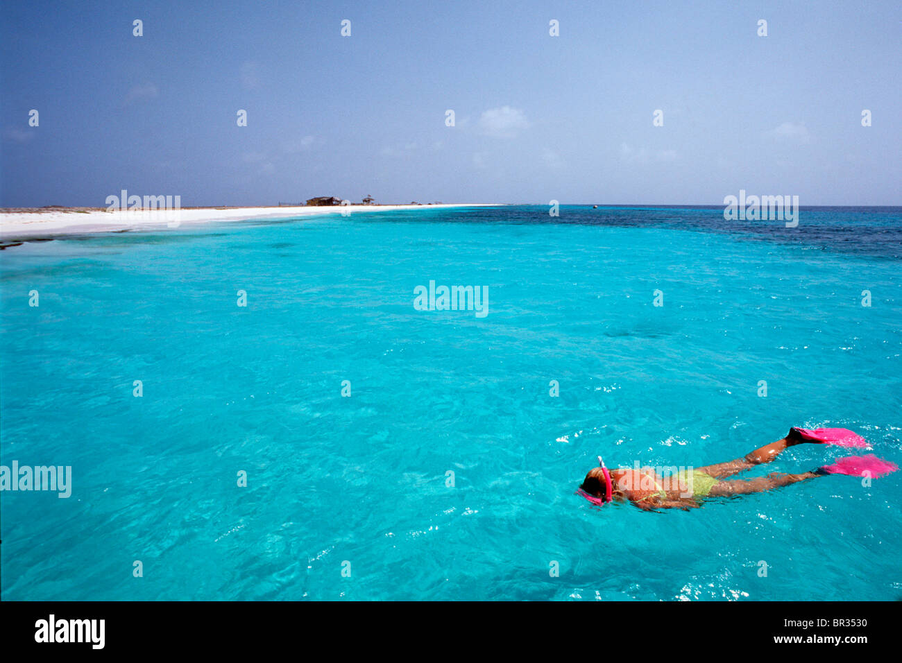 Snorkeler femmina sulla superficie vicino a Klein Curacao, Antille olandesi Foto Stock