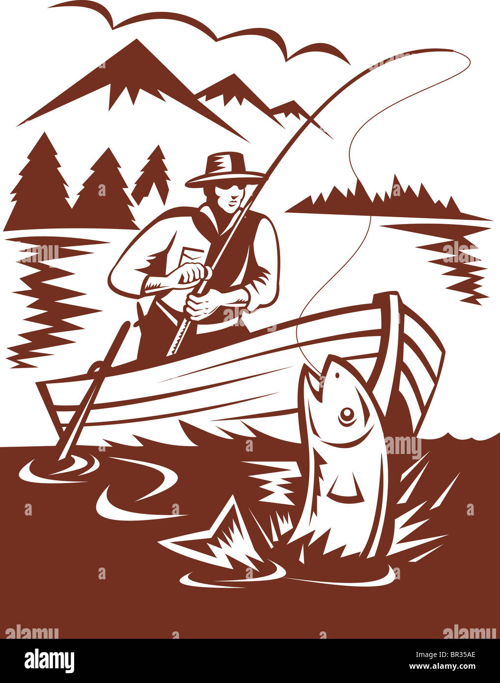 Illustrazione di un pescatore a mosca la cattura di trote sulla barca fatto in xilografia style Foto Stock