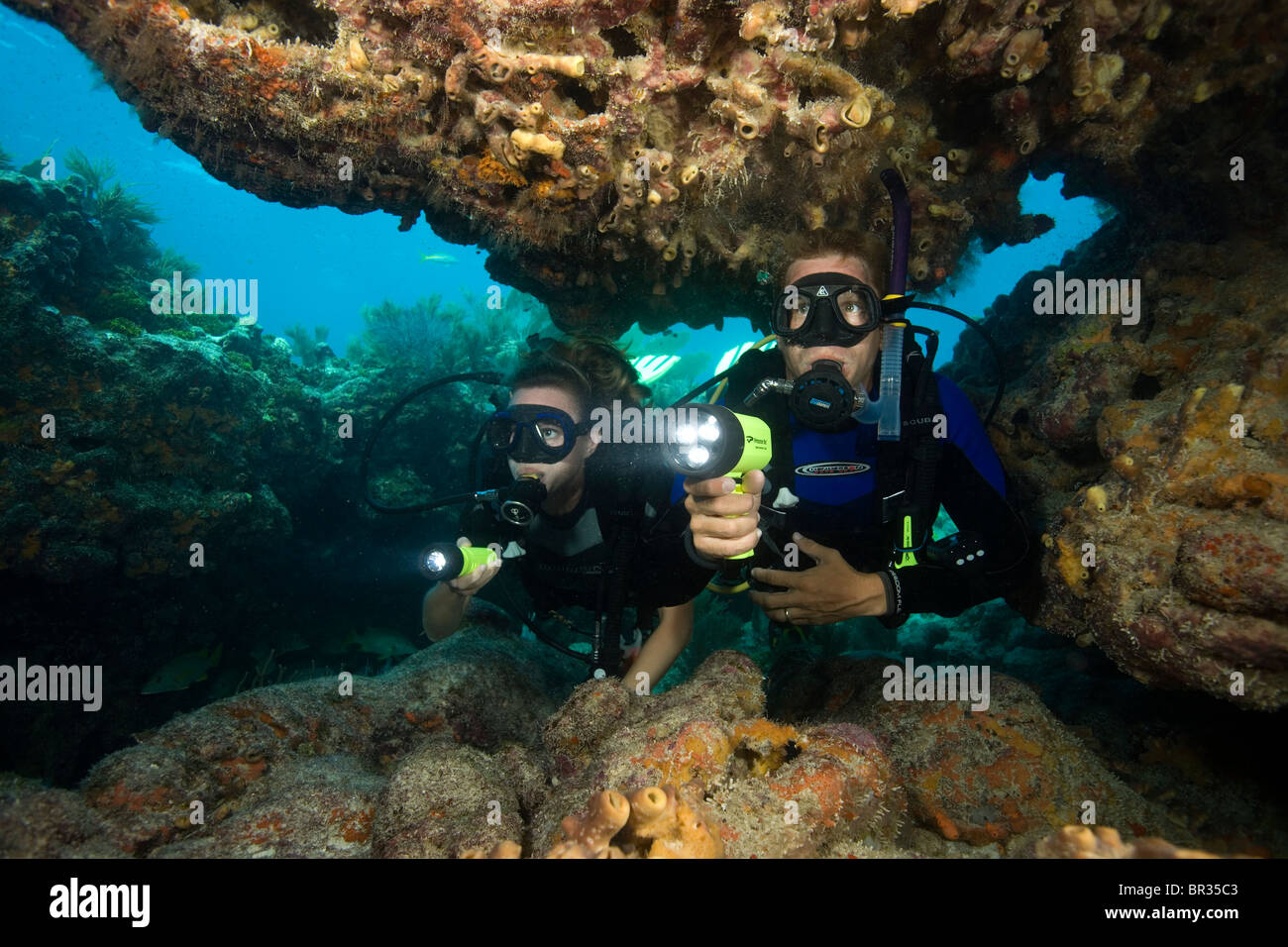 Coppia di subacquei, melassa Reef, Key Largo, Florida Foto Stock
