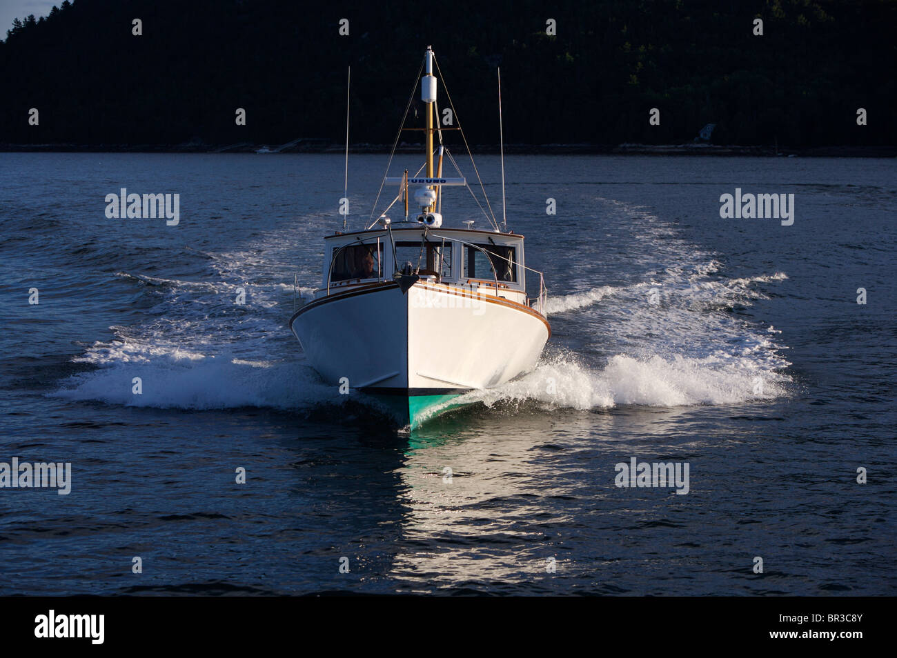 Una classica barca da pesca motori vicino al buio rive boscose. Foto Stock