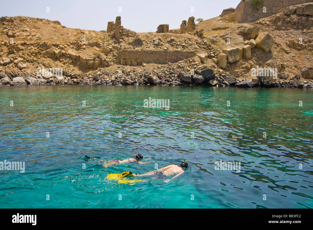 Turista giovane Snorkeling presso l'isola del telegrafo sul Pensinsula Musandam in Oman Foto Stock