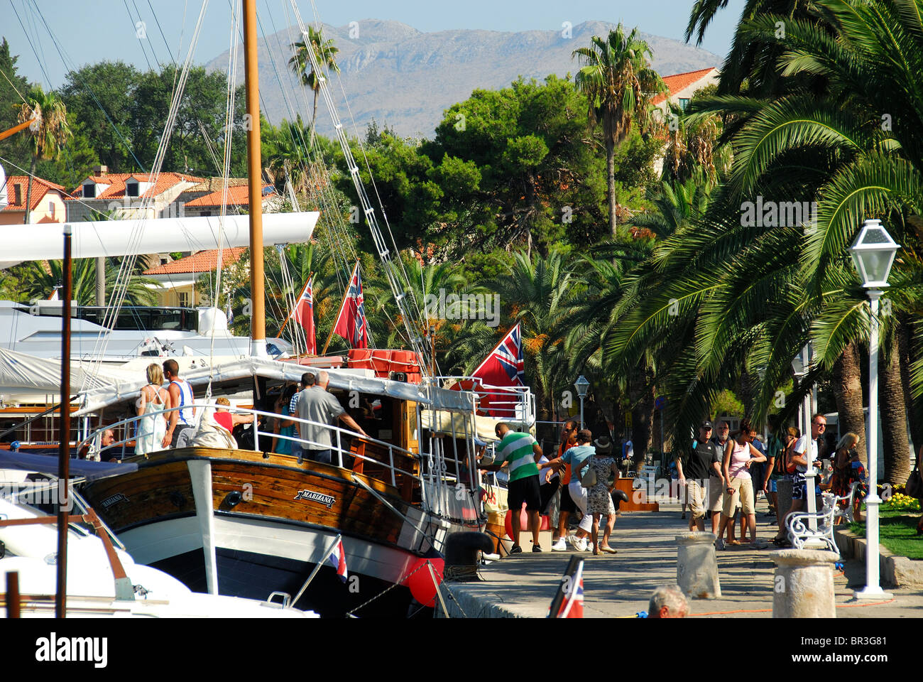 CAVTAT, vicino a Dubrovnik, Croazia. La vista del porto con i turisti che arrivano in barca da Dubrovnik. Foto Stock