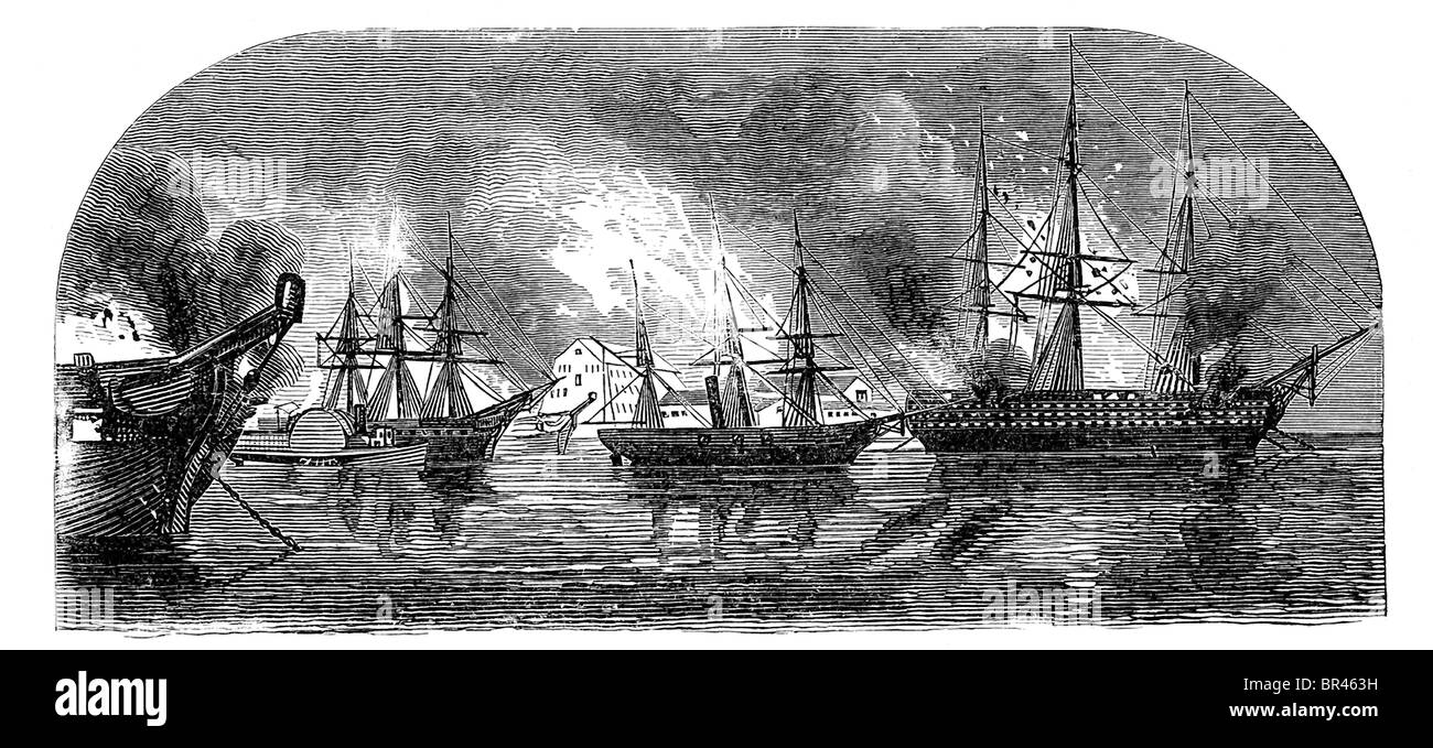 Gosport Navy Yard a Norfolk, Virginia, il 21 aprile 1861, dopo l'Unione di Paulding capitano ha dato il segnale per bruciare tutto a Navy Yard. Foto Stock