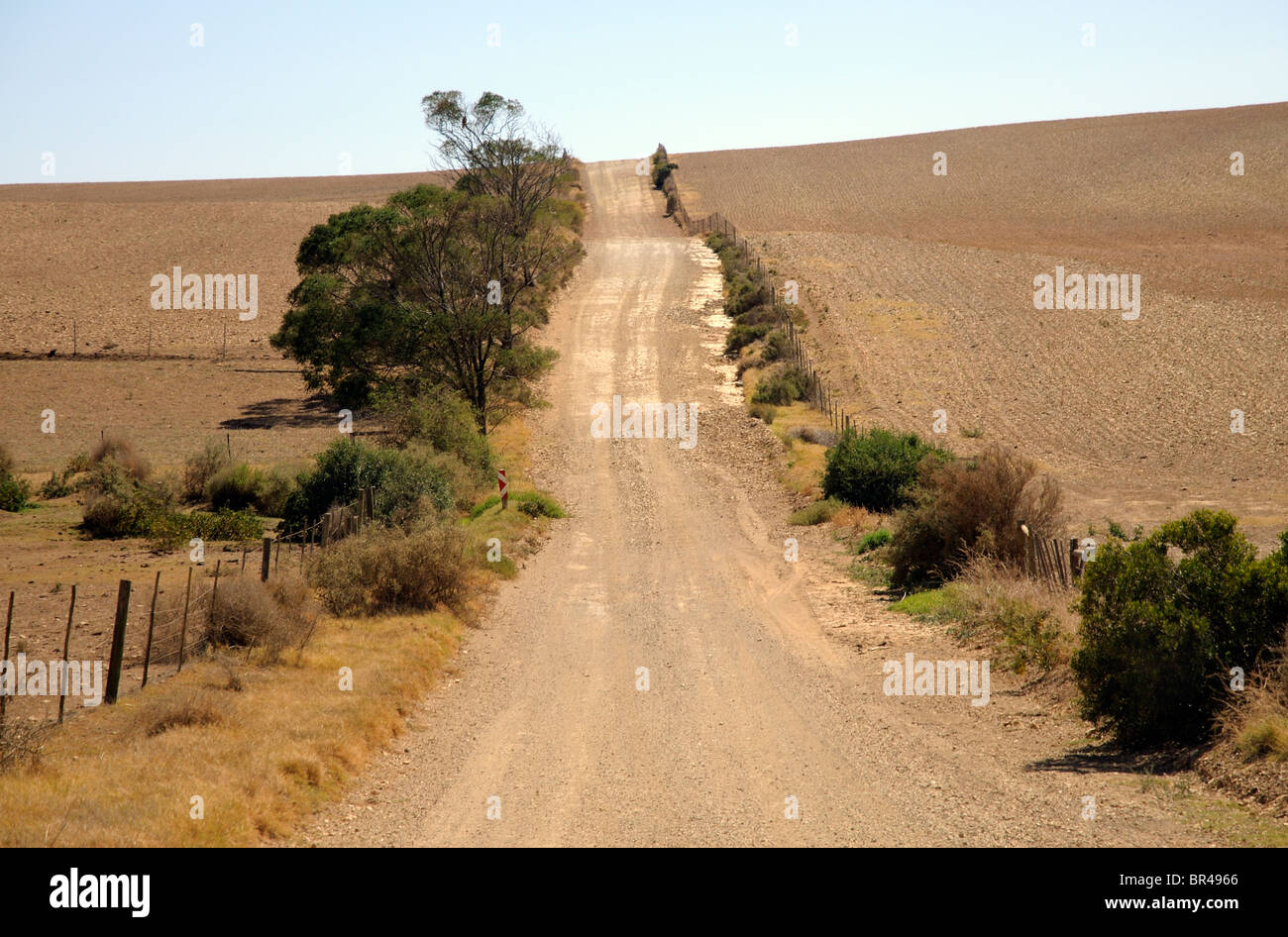 Strada di ghiaia che passa attraverso la zona di wheatlands vicino a Swellendam Western Cape Sud Africa dopo il tempo del raccolto Foto Stock