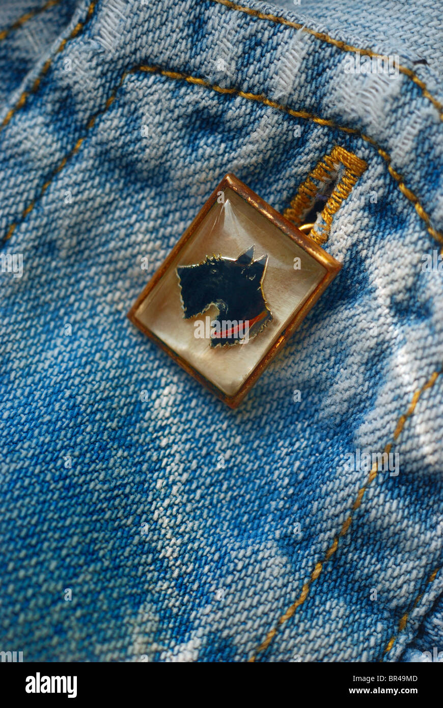 Antiquariato e vintage,square cuff link con il profilo di un nero Scottie testa del cane su un sbiadito blu denim shirt bracciale. close up. Foto Stock