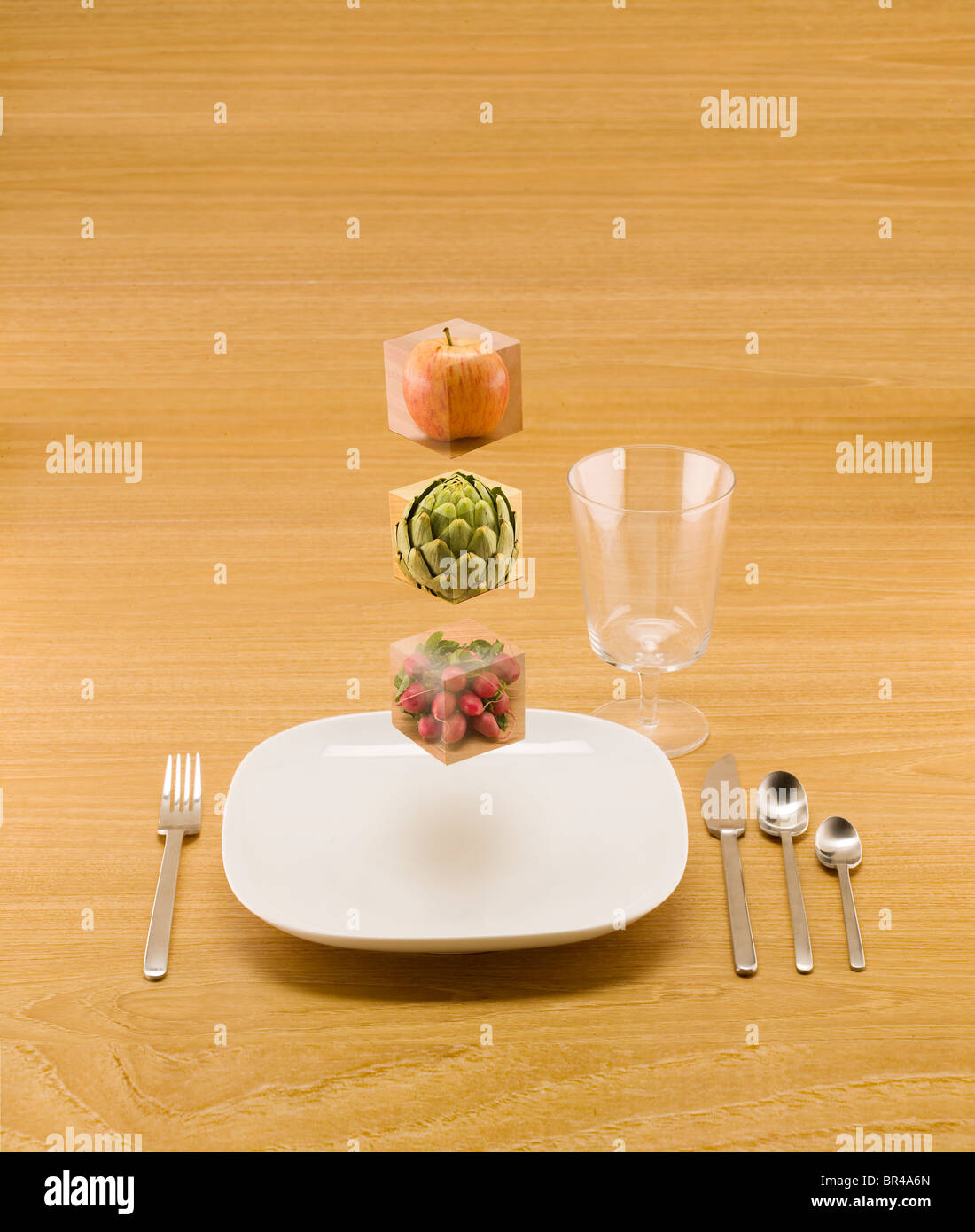 Blocchi di galleggianti di cibo per mostrare la costruzione di blocchi di vostra dieta. Foto Stock