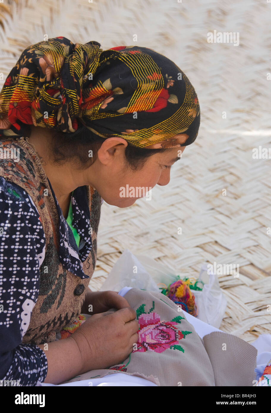 Uighur donna facendo il ricamo, Hotan, Xinjiang, Cina Foto Stock