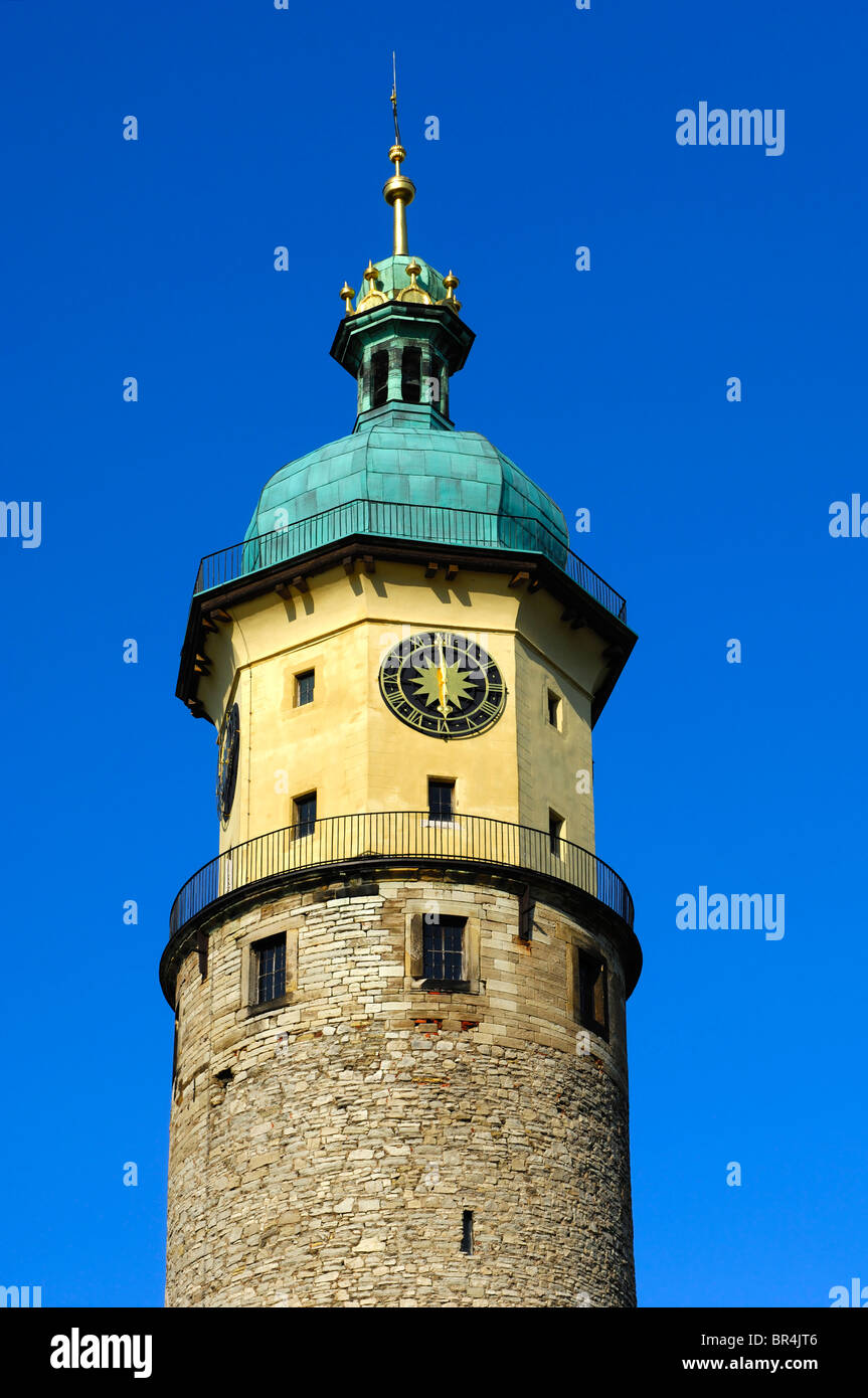 Torre di Castello, o Hausmannsturm, delle rovine del castello di Neideck, Arnstadt, Turingia, Germania Foto Stock