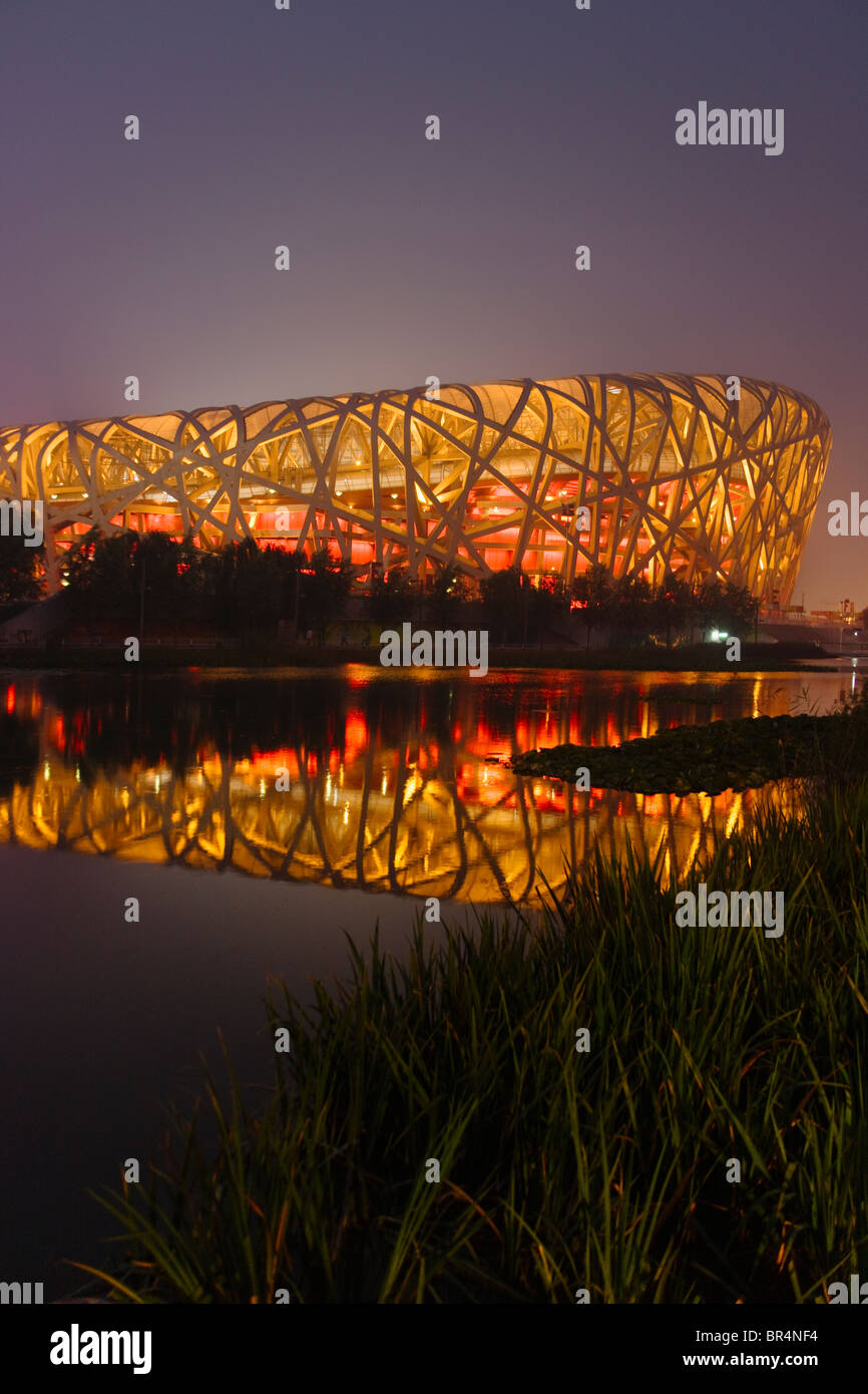 Vista notturna di Stadio Olimpico (nido di uccelli), Pechino, Cina Foto Stock