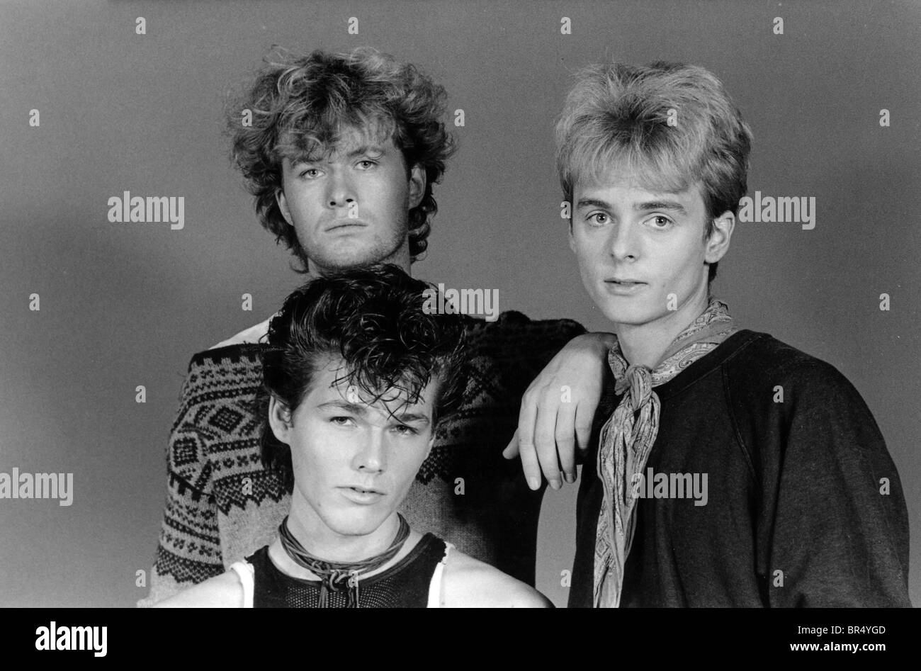 Un-HA gruppo pop norvegese nel 1986 in senso orario dalla posizione in alto a sinistra Mags, Pal e Morten Foto Stock