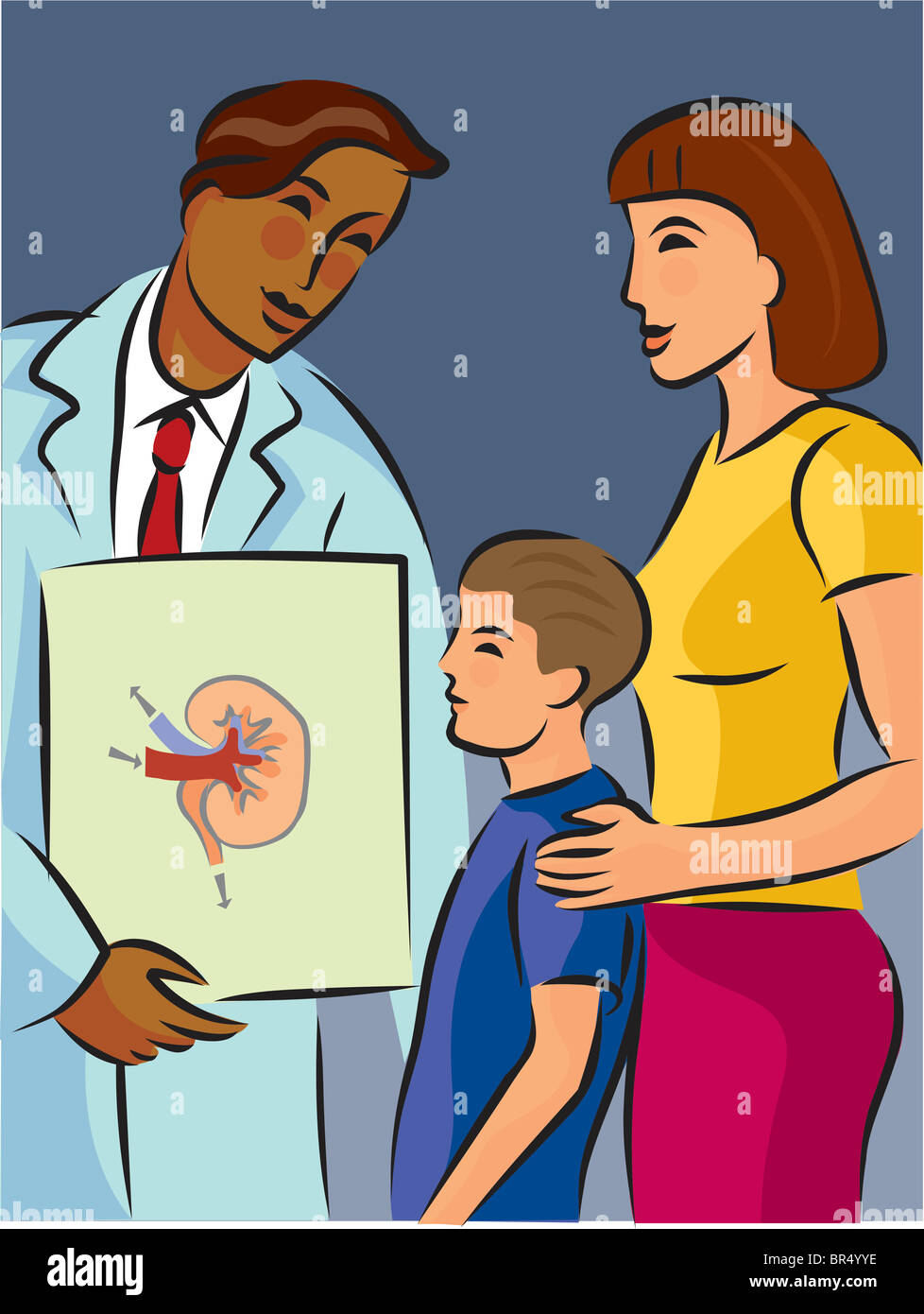 Un medico che mostra un ragazzo e sua madre la funzione di un rene schema Foto Stock