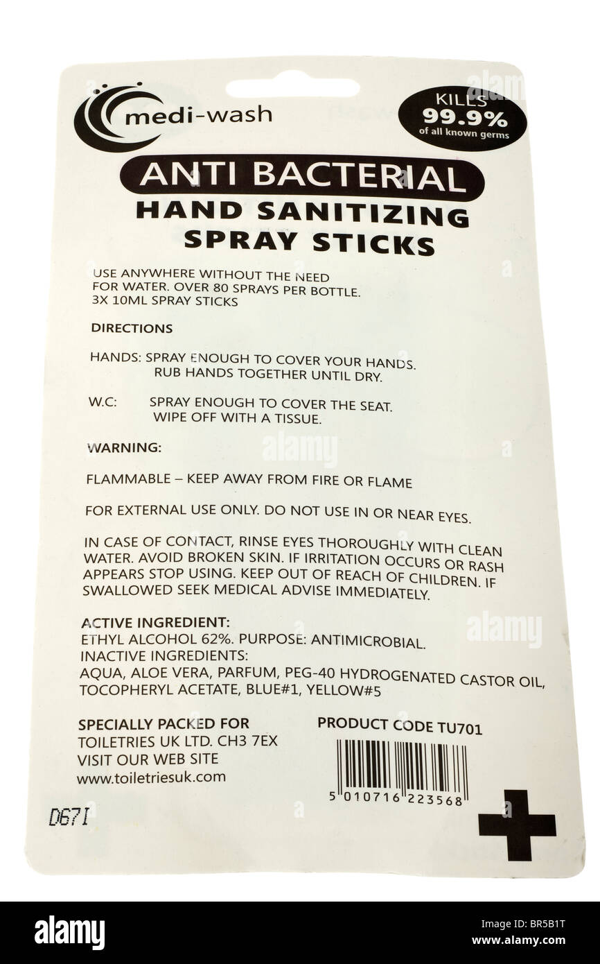 Istruzioni sul pacchetto inverso di medi lavare antibatterici mano spray igienizzante bastoni. Solo uso editoriale Foto Stock