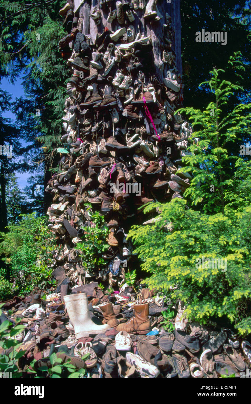 Scartare le scarpe chiodate alla struttura di pattino dopo escursioni in Cape Scott Provincial Park, l'isola di Vancouver, BC, British Columbia, Canada Foto Stock