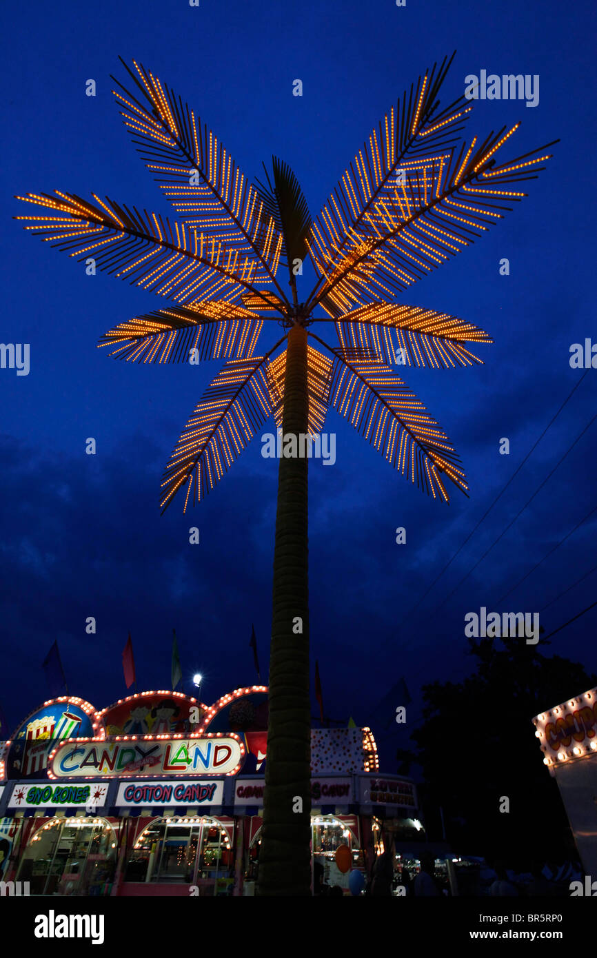 Palma illuminata e giostre al tramonto a Cape Girardeau, Missouri. Le luci festive si illuminano contro il cielo crepuscolo in fiera. Foto Stock