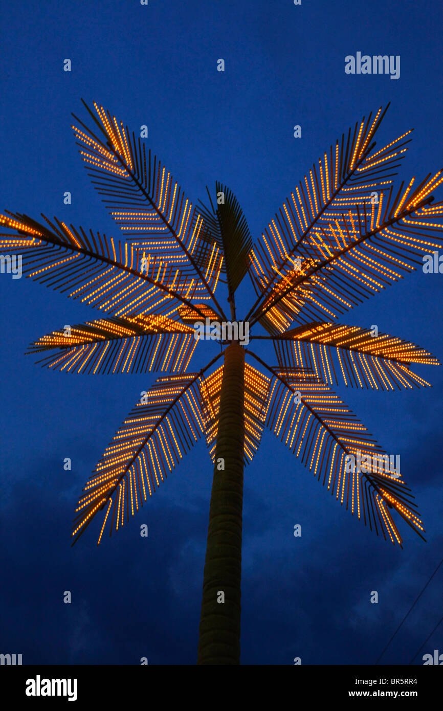 Palma illuminata e giostre al tramonto a Cape Girardeau, Missouri. Le luci festive si illuminano contro il cielo crepuscolo in fiera. Foto Stock
