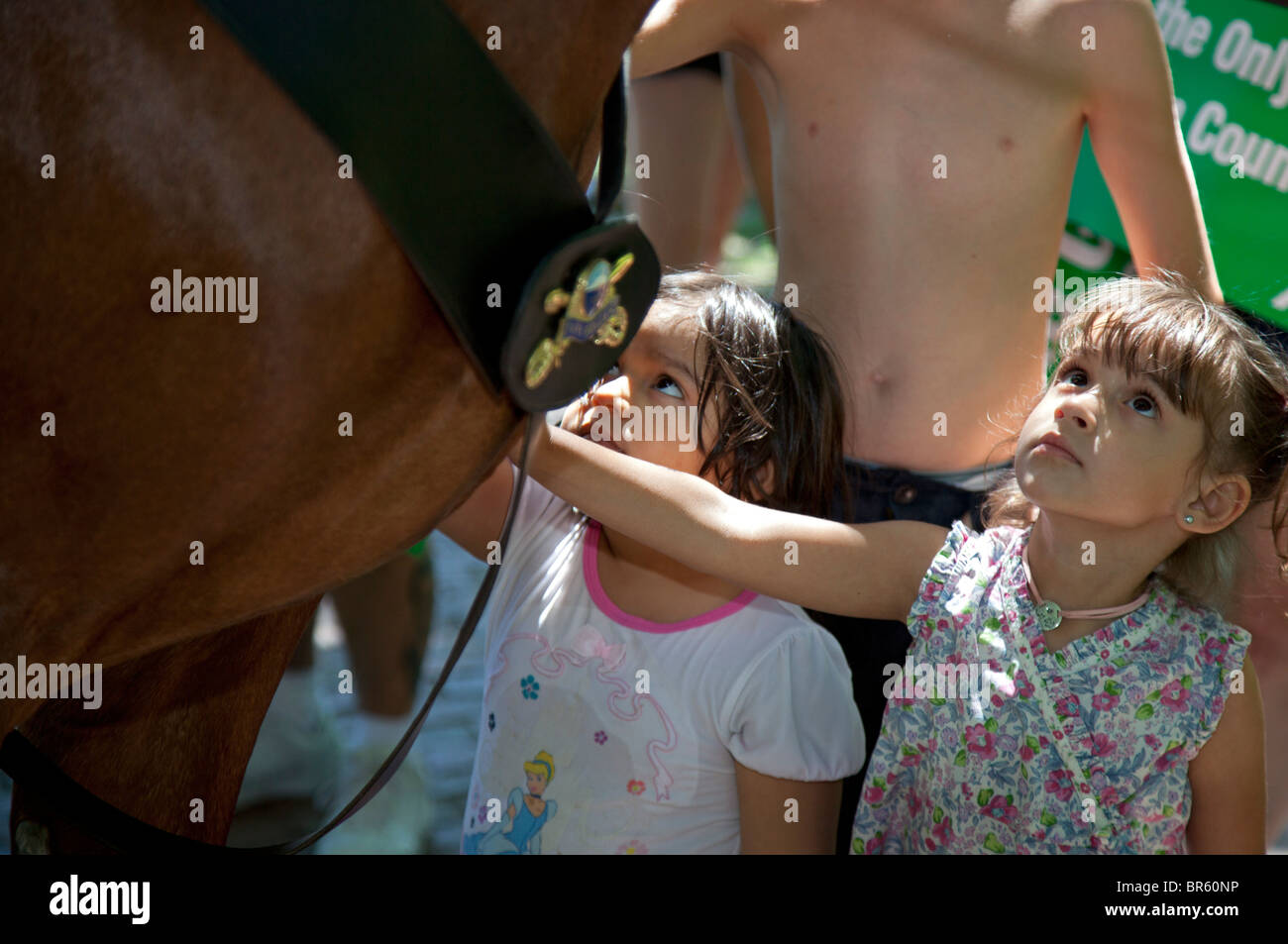 Boston, Massachusetts - Bambini pet a cavallo di polizia su Boston Common. Foto Stock