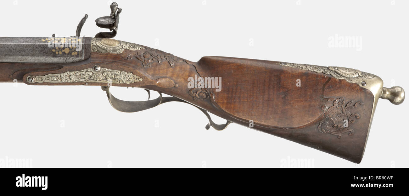 Un pesante fucile sportivo flintlock, J.E. Kett in Zella St. Blasii, circa  1740/50. Cilindro ottagonale pesante, leggermente ristretto al centro, con  un foro rigato a sette scanalature in calibro di 17 mm.