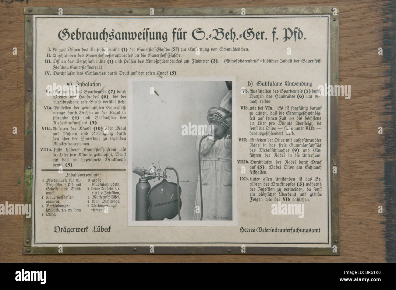 Un dispositivo di rianimazione del cavallo, nella sua scatola di legno dipinta di verde con contrassegni di identificazione bianchi sul coperchio, datato 1941. Include la sua attrezzatura completa con il manuale d'uso nel coperchio interno. Dispositivo molto raro. Storico, storico, 1930s, 20th secolo, tecnico, technic, materiale, materiali, dispositivo, dispositivi, attrezzature, attrezzature, utensile, attrezzatura, utensili, tecnologia, militare, militare, oggetto, oggetti, alambicchi, Foto Stock