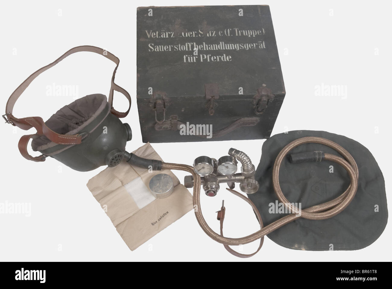 Un dispositivo di rianimazione del cavallo, nella sua scatola di legno dipinta di verde con contrassegni di identificazione bianchi sul coperchio, datato 1941. Include la sua attrezzatura completa con il manuale d'uso nel coperchio interno. Dispositivo molto raro. Storico, storico, 1930s, 20th secolo, tecnico, tecnico, materiale, materiali, dispositivo, dispositivi, attrezzature, attrezzature, utensile, attrezzatura, utensili, tecnologia, militare, militare, oggetto, oggetti, alambicchi, clippings, clippings, cut-out, cut-out, cut-out, Foto Stock