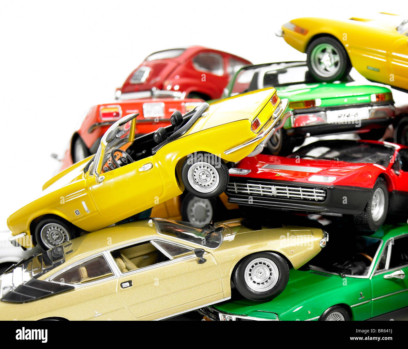 Close up, pila di modello in miniatura di automobili. Foto Stock