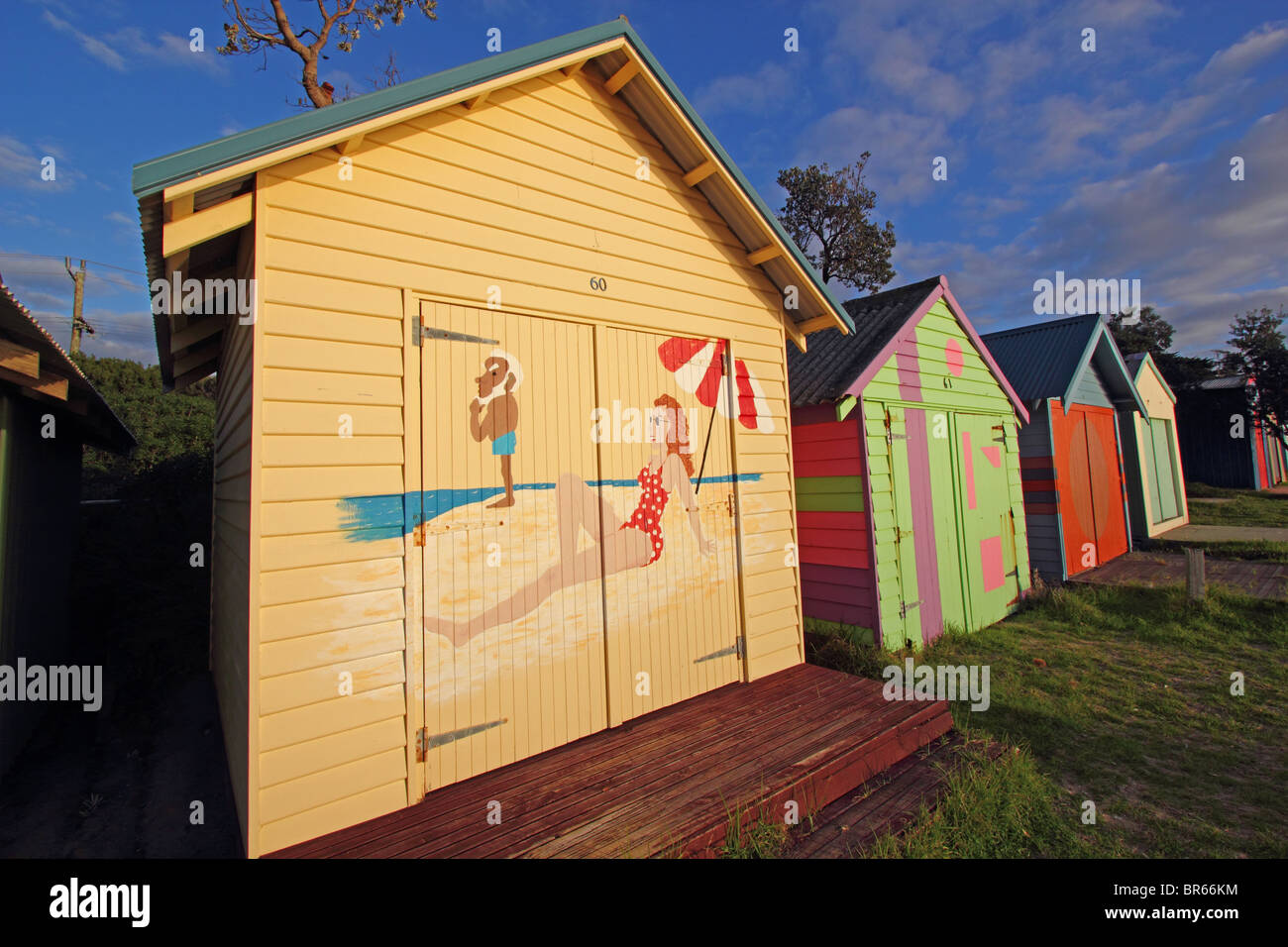 Ampia e obiettivo fisheye foto di coloratissimi BEACHOUSES Penisola di Mornington VICTORIA AUSTRALIA BDB Foto Stock