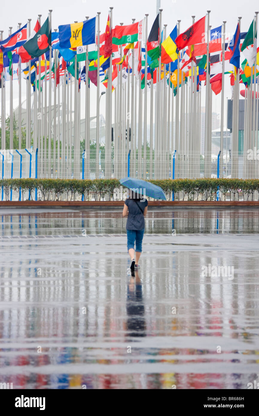 La riflessione di persone e di poli di bandiera sul terreno in caso di pioggia, 2010 Expo Shanghai, Cina Foto Stock