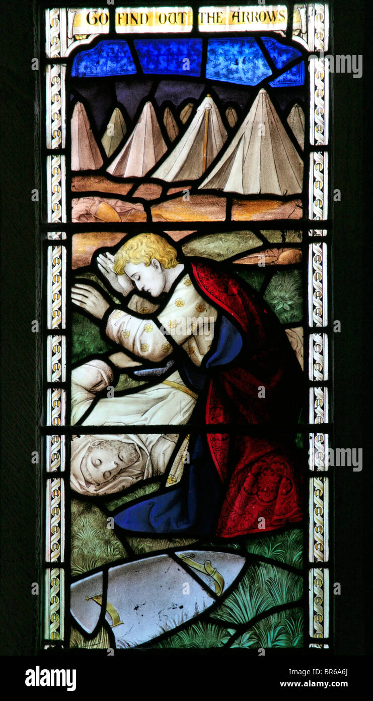 Vetrata raffigurante la storia dell Antico Testamento in 1 Samuele 20:20-22, Morwenstow chiesa, Cornwall Foto Stock
