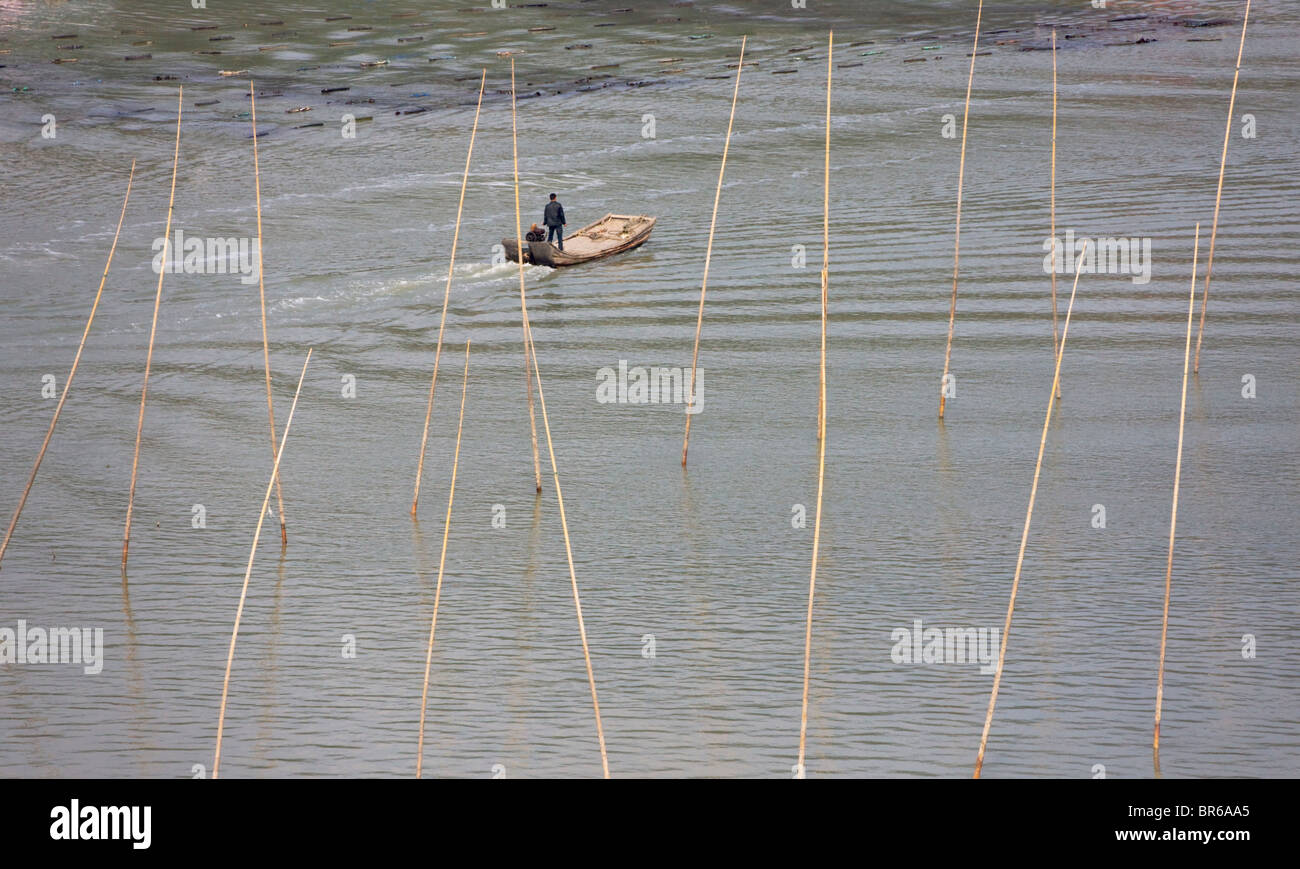 Barche da pesca e canne di bambù per essiccare le alghe sulla spiaggia a est dal Mar Cinese Orientale, Xiapu, Fujian, Cina Foto Stock