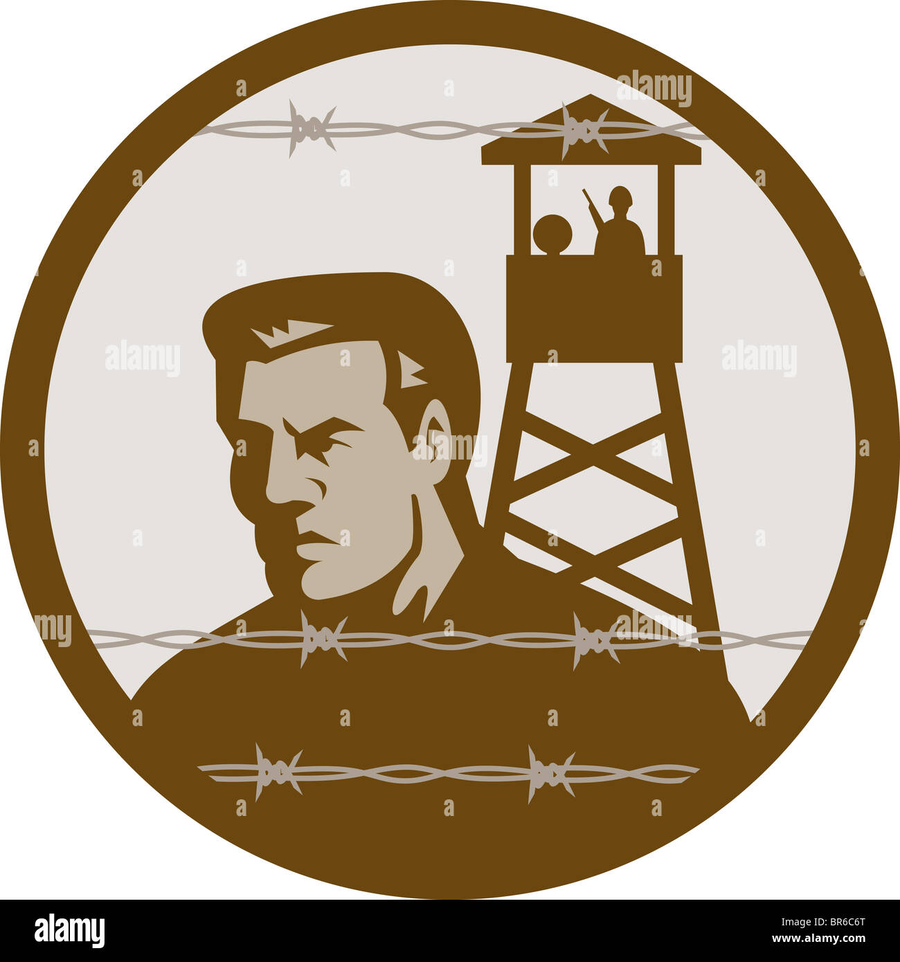 Illustrazione di un prigioniero di guerra in un campo di concentramento con torre di guardia in background e filo spinato in primo piano. Foto Stock