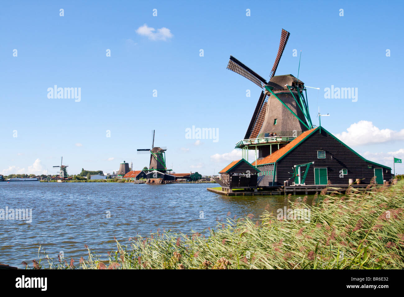 Ben conservato centro storico di mulini a vento e case a Zaanse Schans in Olanda Foto Stock