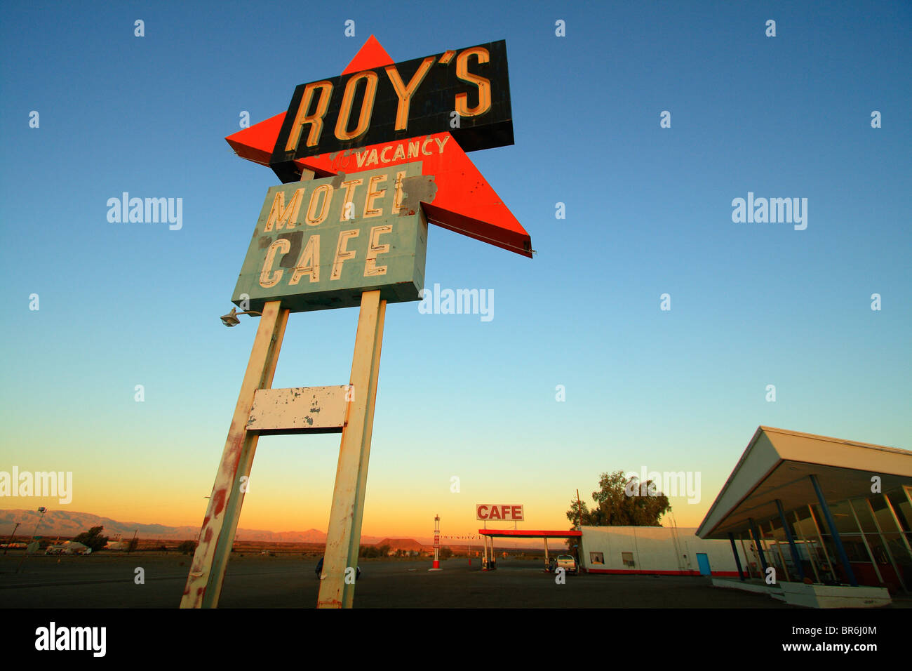 Roy's Motel-Café segno, vecchi Route 66, Amboy, CA, Stati Uniti d'America Foto Stock
