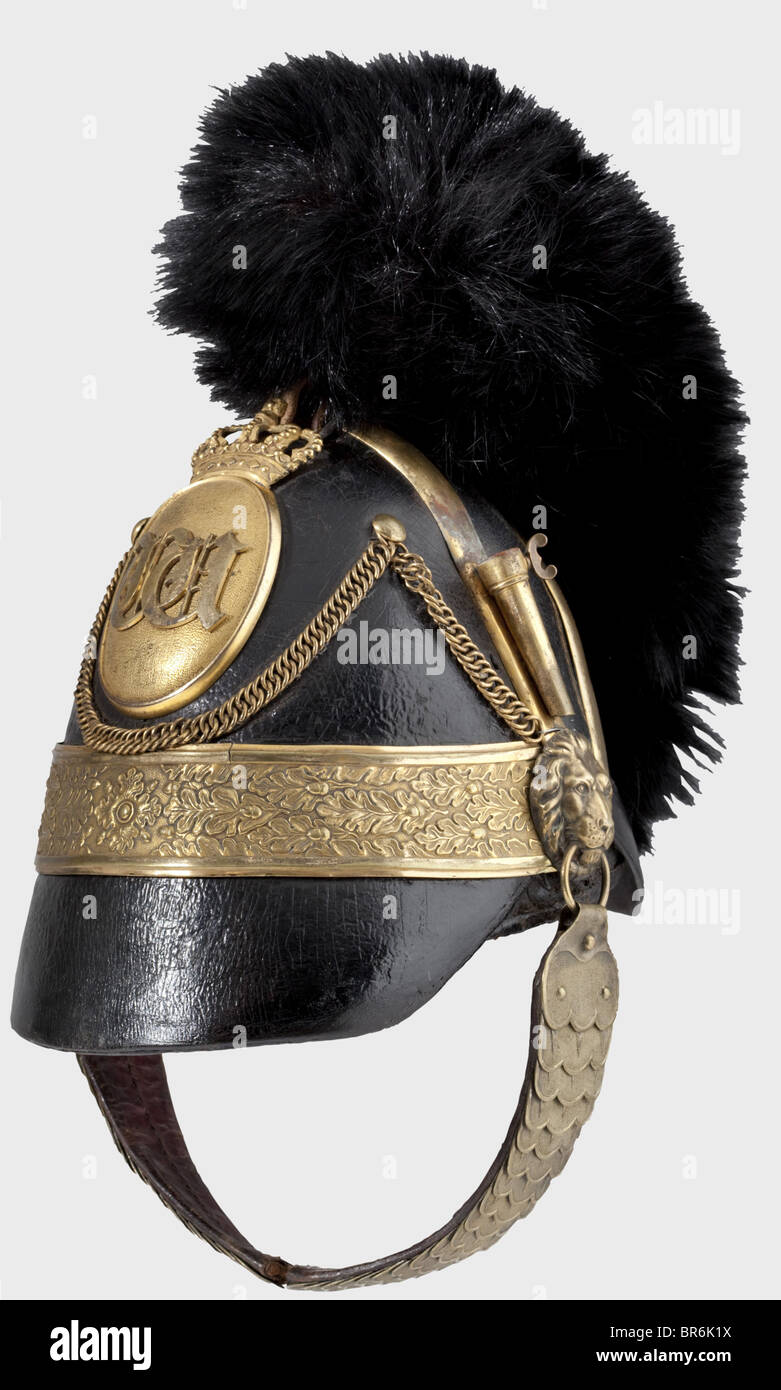 Un casco per ufficiali, dell'artiglieria, circa 1840, quasi identico al modello bavarese 1832. Teschio in pelle con barre di protezione in ottone, catene difensive e fascia in brow con decorazione in rilievo in foglia di quercia (piccola spaccatura). Emblema ovale coronato recante una cifra sovrapposta "W". I chinscales del tipo ufficiale sulle sporgenze della testa del leone, linguetta della fibbia strappata fuori. Presa per pennacchio, rivestimento in pelle di pecora. Manca l'increspatura, cresta sostituita con pelliccia nera, picco anteriore accorciato durante il tempo in cui era in uso. Casco raro. Storico, storico, 19th secolo, Braunschweig, Brunswick, tedesco, Foto Stock