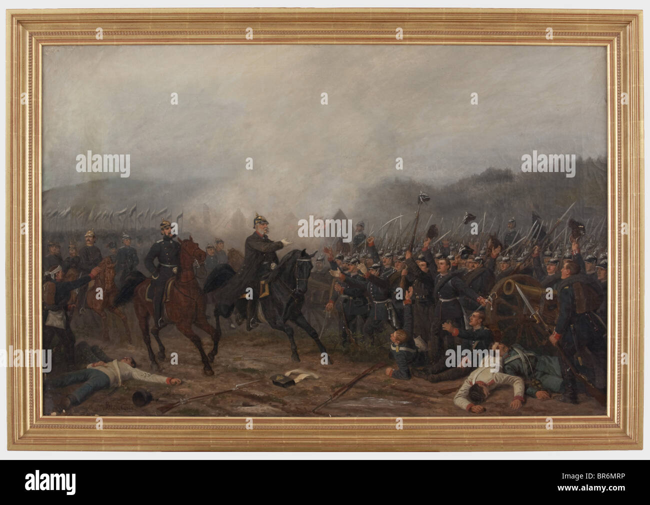 Moritz Blanckarts (1839 - 1883) - 'Re Guglielmo i dopo la battaglia di Königgrätz, 3rd luglio 1866', olio su tela. Il Re, seguito dal Principe Carlo di Prussia, dal Generale Helmut von Moltke e dal Conte otto von Bismarck, cavalcando sul campo di battaglia e acclamato con entusiasmo dai guardieri. Dimensioni immagine 83 x 125 cm, firmato in basso a sinistra "Moritz Blanckarts". Sul retro la mostra numero 'NDGKV' e vecchia etichetta con la didascalia '... prezzo quaranta Friedrich d'Or'. Sul bordo sinistro dell'immagine una struttura moderna e lacrima restaurata e riconoscibile dal punto di vista Bearly. Moritz Blanckar, Foto Stock