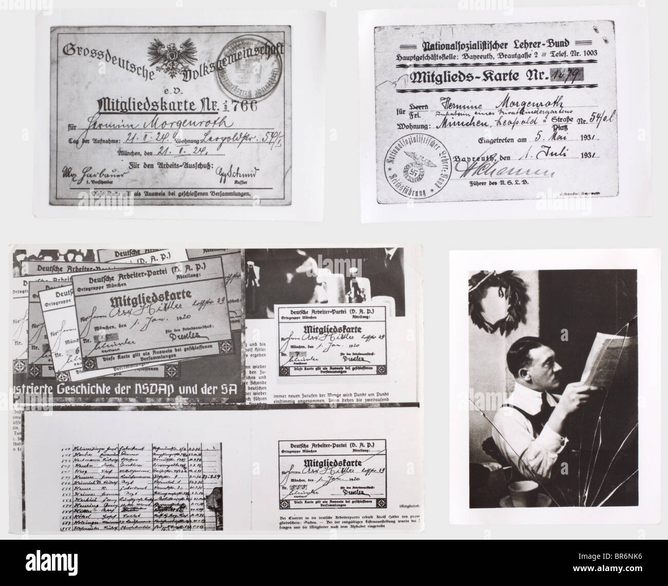 Più di 500 fotografie dall'archivio centrale del NSDAP., Varie dimensioni, quasi tutte le immagini hanno il timbro dell'archivio centrale sul retro. Alcuni con francobolli dei corrispondenti fotografici, altri con osservazioni aggiuntive. Foto molto interessanti, tra cui uno dei membri della carta DAP Hitlers, documenti uncountable come carte di adesione di diverse organizzazioni (tra gli altri Noske-ID), lettere a Hitler, lettere, che sono stati utilizzati in prove, 'strettamente confidenziale'-NSDAP lettere, anche poster del NSDAP (DAP), la KPD e altre parti dal 1920s e EAR, Foto Stock