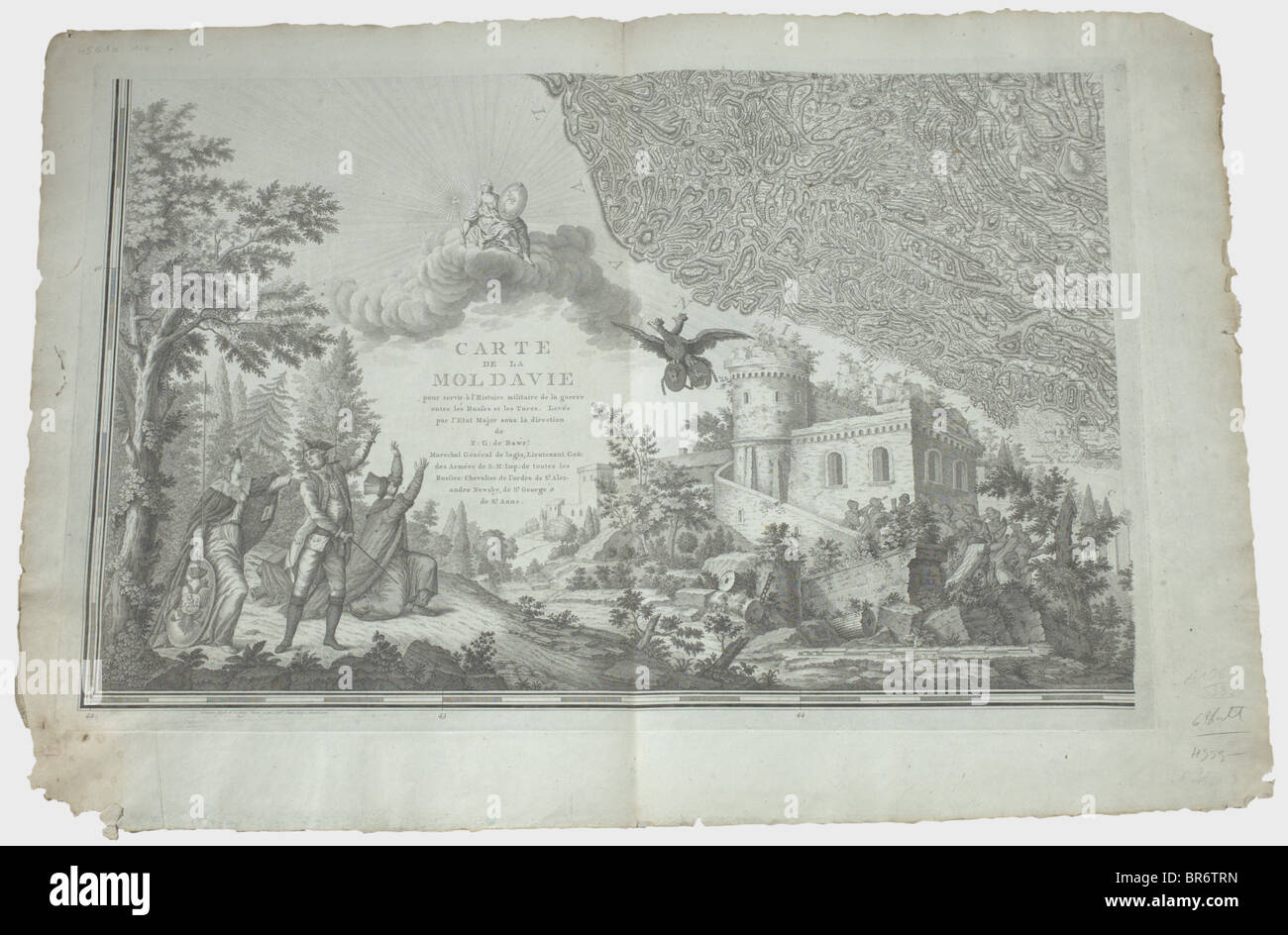 Una mappa in sei pezzi della Moldavia, intitolata 'Carte de la Moldavie pour servire à l'Histoire militaire de la guerre entre les Russes et les Turcs', pubblicata dal tenente generale F.G. de Bawr, 1775 o 1783. Tutti i fogli hanno la stessa dimensione (ca. 100 x 70 cm), incisa da Schley & Schenk, Amsterdam. I sei fogli sono tutti piegati una volta e formano una mappa del teatro rumeno della guerra 1768 - 1774. I bordi si strappano leggermente in alcuni luoghi, ma non arrivano nell'immagine stessa. Senza taglio. Storico, storico, 18th secolo, fotografia, foto, fotografie, oggetto, oggetti, alambicchi, clip, Foto Stock
