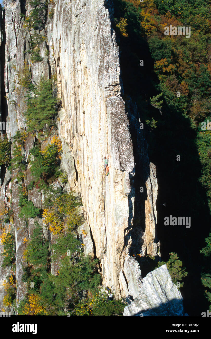 Scalatore maschio sulla Parete Ovest del picco del Nord a rocce di Seneca West Virginia. Foto Stock