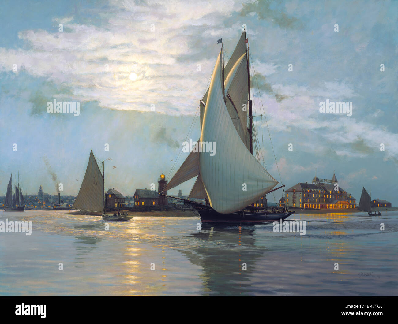 Moonlight arrivo a Nantucket,1886. La goletta Fortuna, Commodore Henry S. Hovey, tornate Brandt punto. Olio su tela, 36' Foto Stock