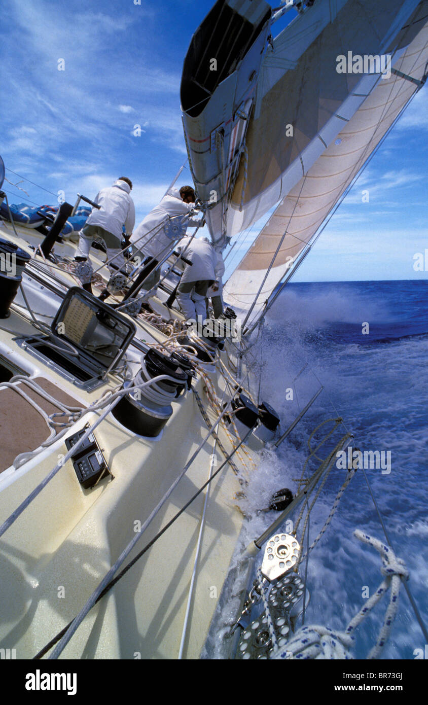 Simon le Bon il maxi yacht "rum" durante la Whitbread Round the World Race, 1985. Foto Stock