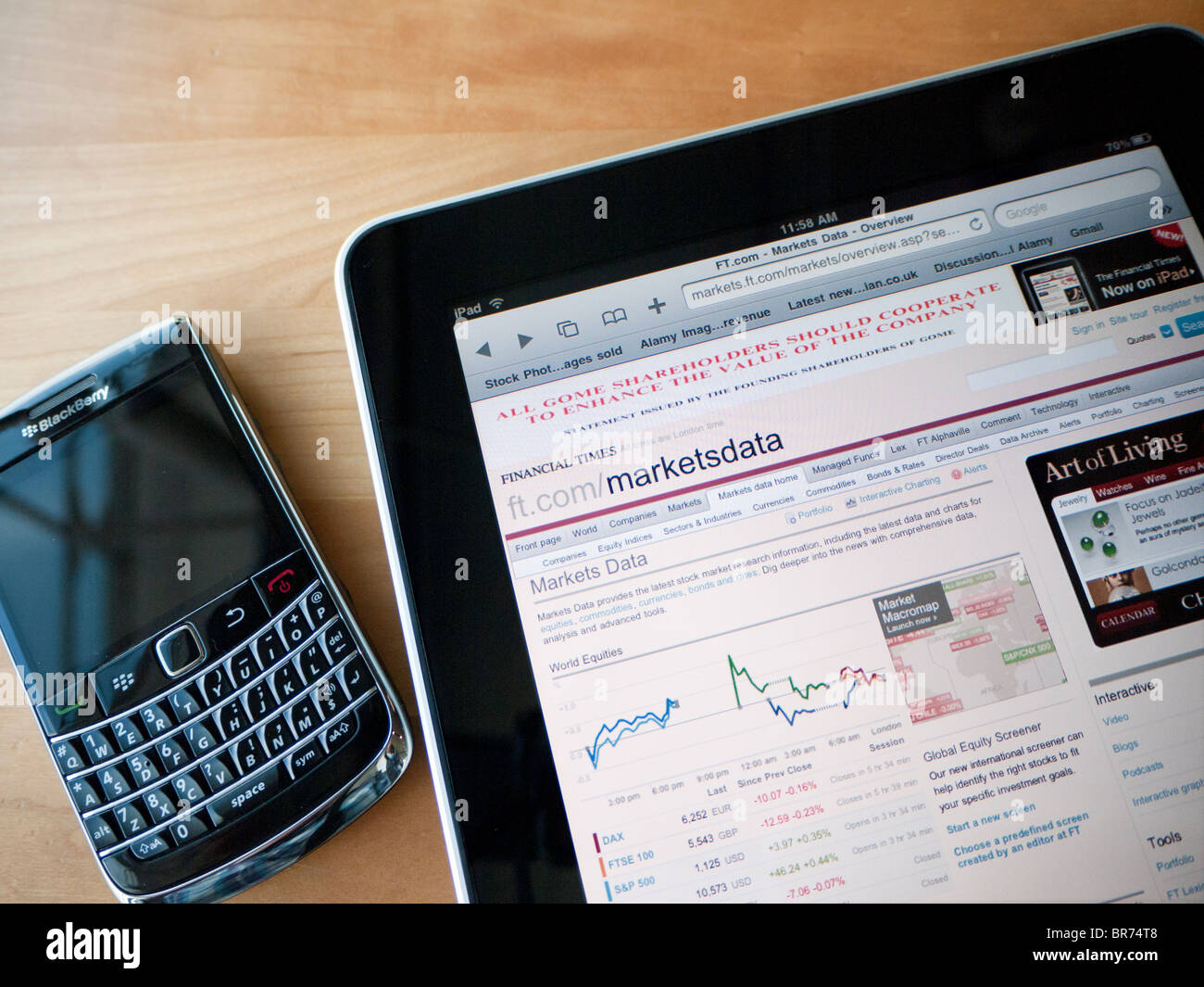 Dettaglio del computer tablet iPad mostra sito web del Financial Times la sezione mercati. Foto Stock